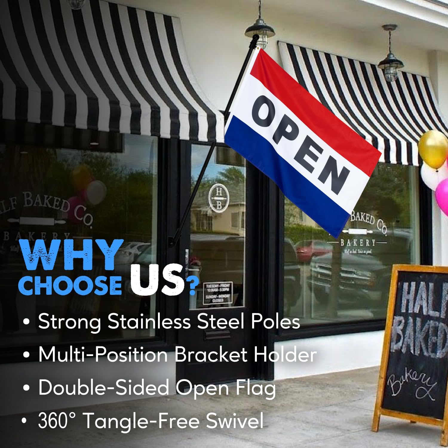 XIFAN Double Sided Open Flag with Pole Kit – 6FT Black Stainless Steel Flag Pole, 3x5FT Flag, Multi-Position Wall Mount Bracket for Business Storefront, Commercial & Residential Advertising Signage - Image 7