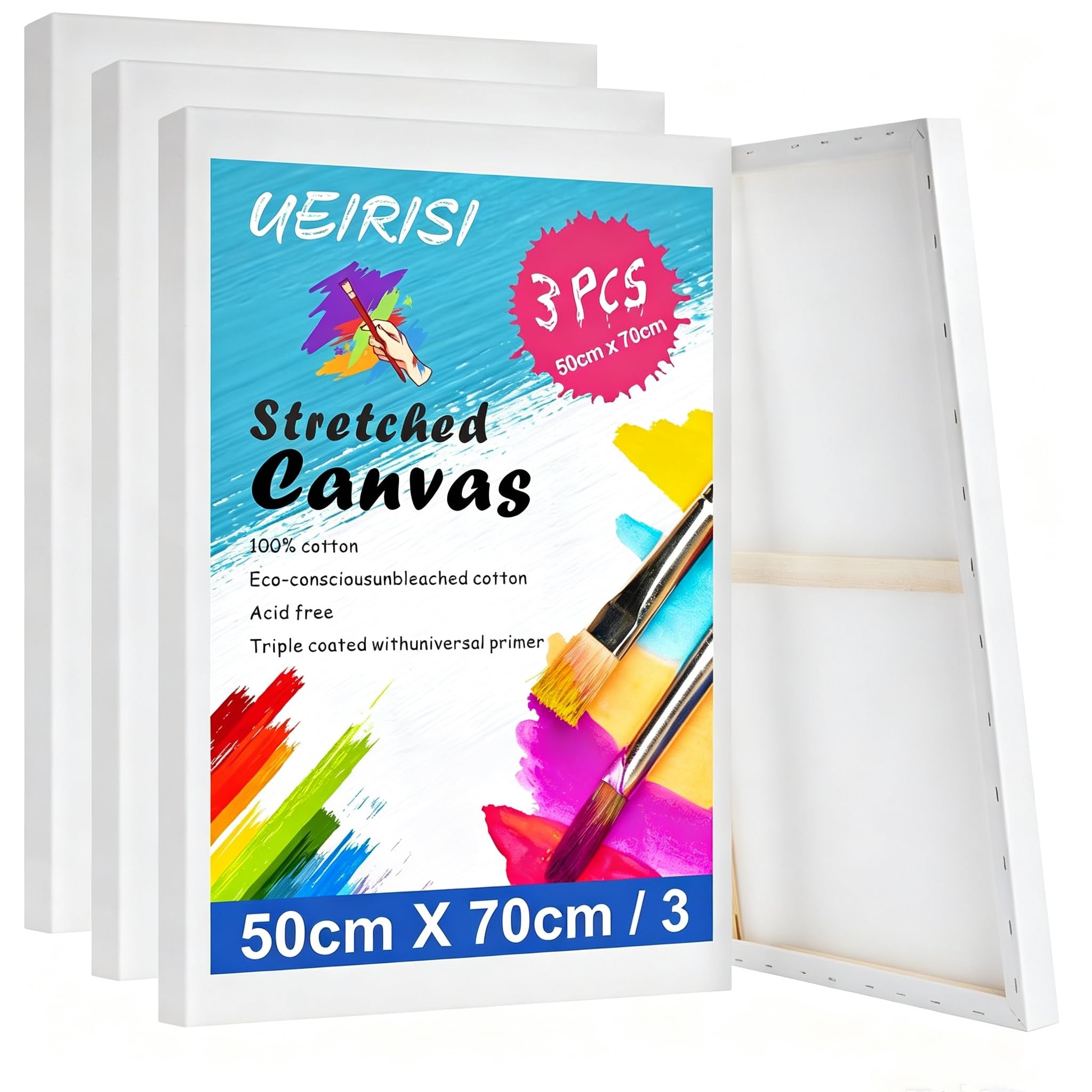 UEIRISI Stretched Canvas for Painting, 3 Pack 50x70cm Large Canvas Set, 280GSM Acid Free Triple Primed Blank Canvas for Acrylic, Oil & Watercolour Painting, Beginners & Artists