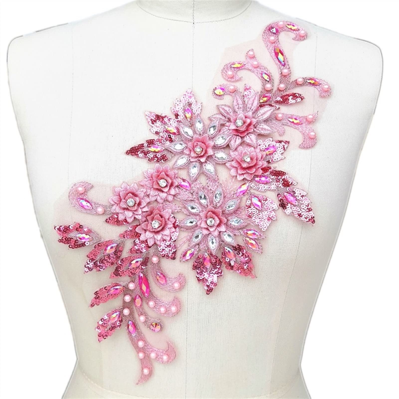 2 Toppe Ricamate 3D In Pizzo Con Perline Floreali - Rosa, Per Cucire Su Vestiti E Jeans - Foto 14