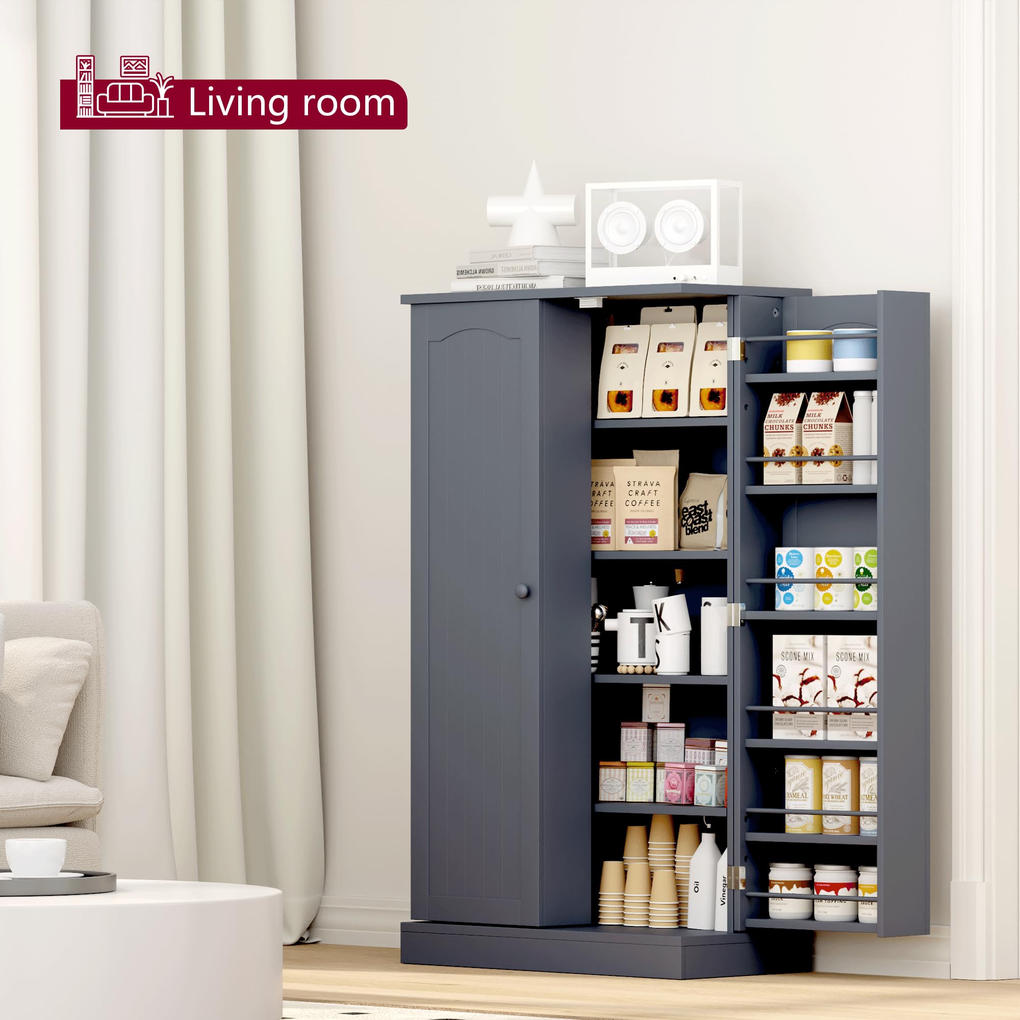 Gabinete para despensa de cocina para almacenamiento de alimentos, de doble puerta y 6 estantes, gabinete para almacenamiento de porcelana de ahorro de espacio (gris, 41 de alto) 7