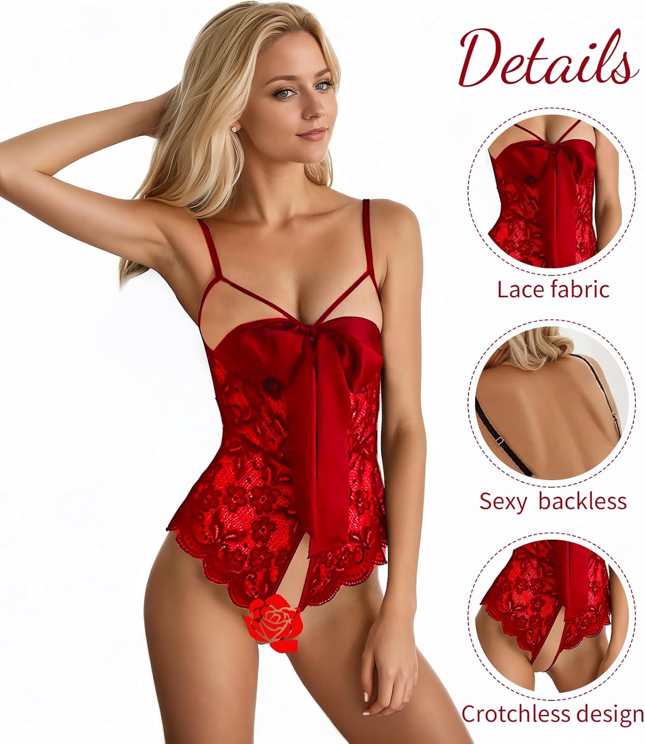 Sexy Lingerie for Women, Bow Tie Lingerie Halter Lace Bodysuit Teddy Babydoll Christmas Valentines Lingerie - Image 5