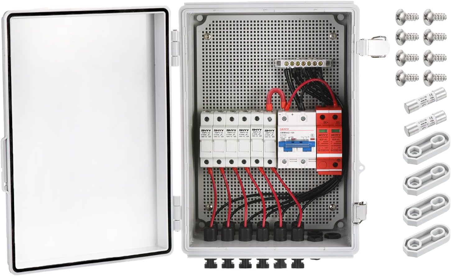 MECCANIXITY 6 String Metal Solar Combiner Box, PV Combiner Box With15A Rated Current Fuse, Surge Protective Device and 63A Circuit Breaker, White