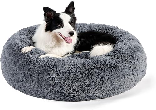 Vista 182 de Bedsure - Cama relajante para perros medianos, lavable, tipo dona, cama para gato, antideslizante, redonda, afelpada, mullida, de piel sintética