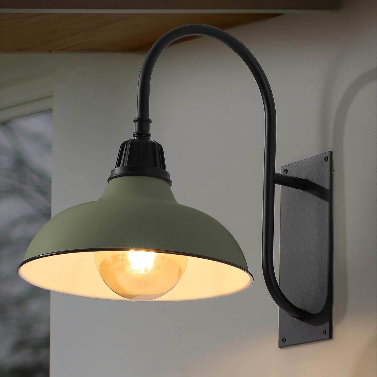 JONATHAN Y 12.25" Matte Olive Green/Black 1-Light Farmhouse Gooseneck Outdoor Wall Sconce Lamp, with Black Metal Bowl Shade, Industrial Iron LED Porch Light for Patio Garage Entryway (JYL7614I)