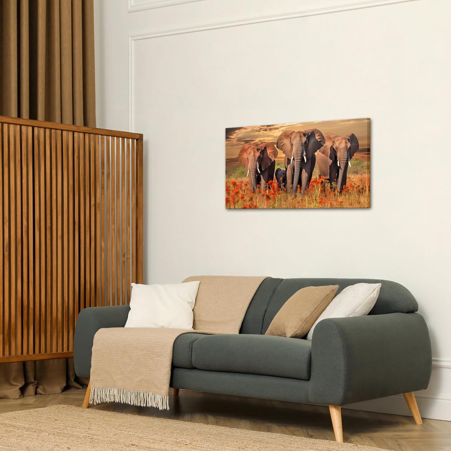 NutArtPic African Elephants Canvas Wall Art Sunset Elephants Pictures Wildlife Animal Artwork Prints On Wrapped Canvas For Home Decor 36''L x 20''W (Colorful)