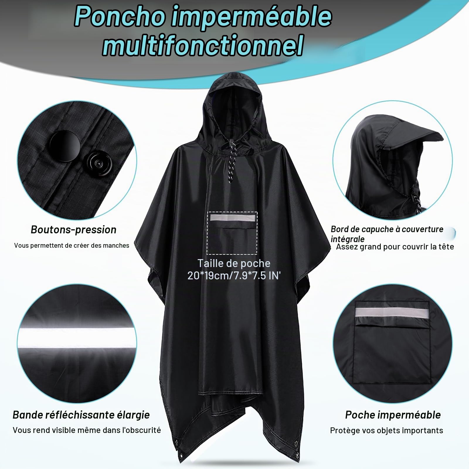 Poncho Pluie Imperméable 225 X 140CM Cape de Pluie Réutilisable Poncho Légère Respirant Grand Poncho de Pluie Unisexe avec Capuche et Poche pour Extérieur Randonnée Camping Vélo