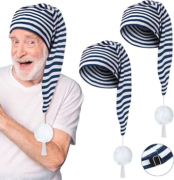 Eurzom 2 Pcs Mens Night Cap Adjustable Sleeping Caps Striped Pajama Hat with Pom Ball for Daily Costume Party Supplies