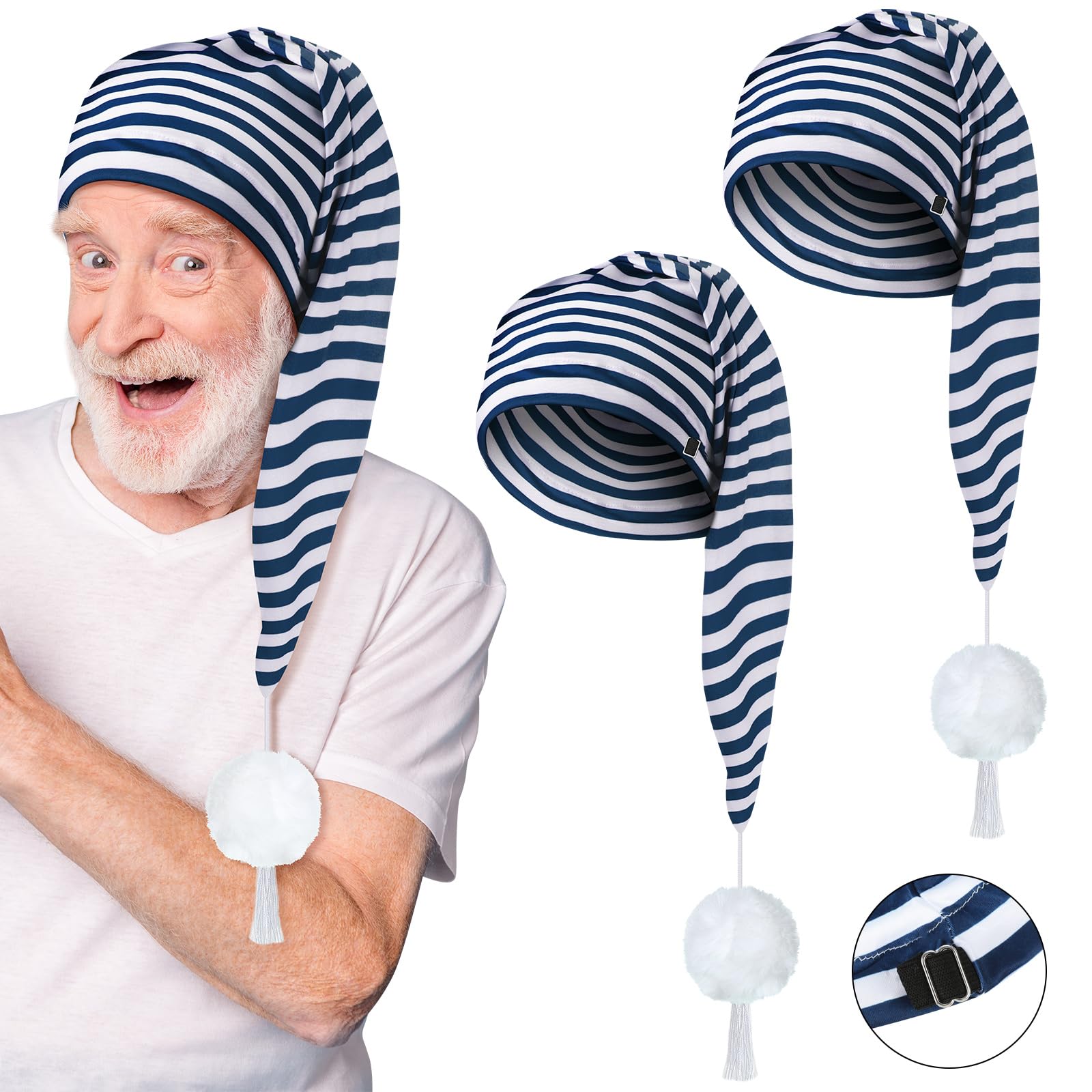 Eurzom 2 Pcs Men's Night Cap Adjustable Sleeping Caps Striped Pajama Hat with Pom Ball for Daily Costume Party Supplies