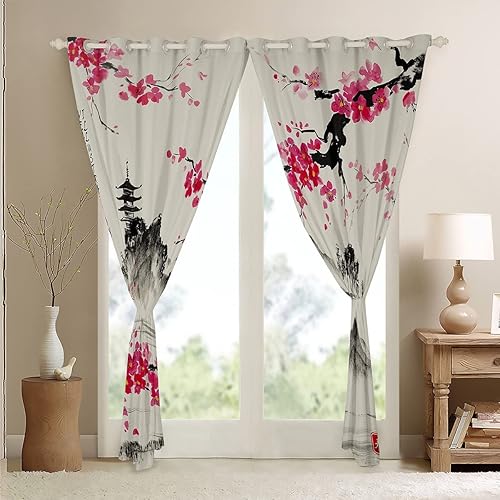 Miniatura 5 de Cortinas de ventana de flores de cerezo para dormitorio, sala de estar, cortinas japonesas de montaña Fuji para niños y niñas, cortinas de ventana
