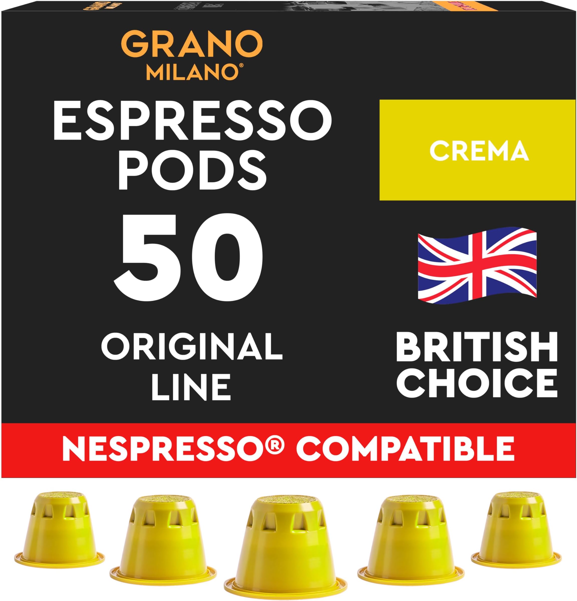 Grano Milano Crema Coffee Capsules - 50 Pods Compatible with Nespresso Original line, 100% Arabica Medium Roast - Intensity 8/12, Espresso Coffee Capsules Made in Italy