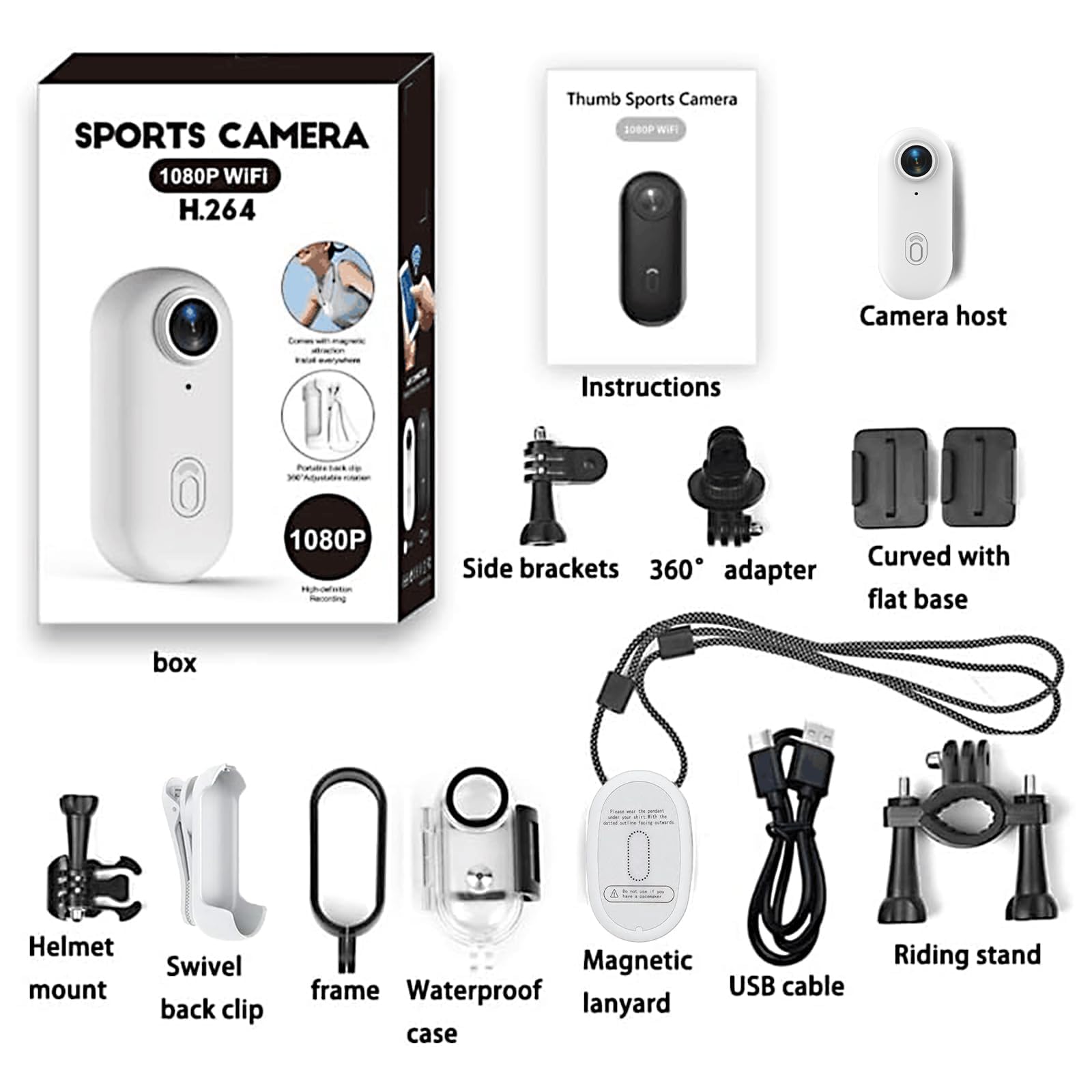 Mini Caméra Sport 1080P WiFi Action Cam IP68 Étanche 30M, Objectif Grand Angle 120°, Mini Camera Vlog POV, 800 mAh, Caméra Portable Casque Moto/Vélo/Ski/Animaux Camera Embarquée Compacte （Blanc）