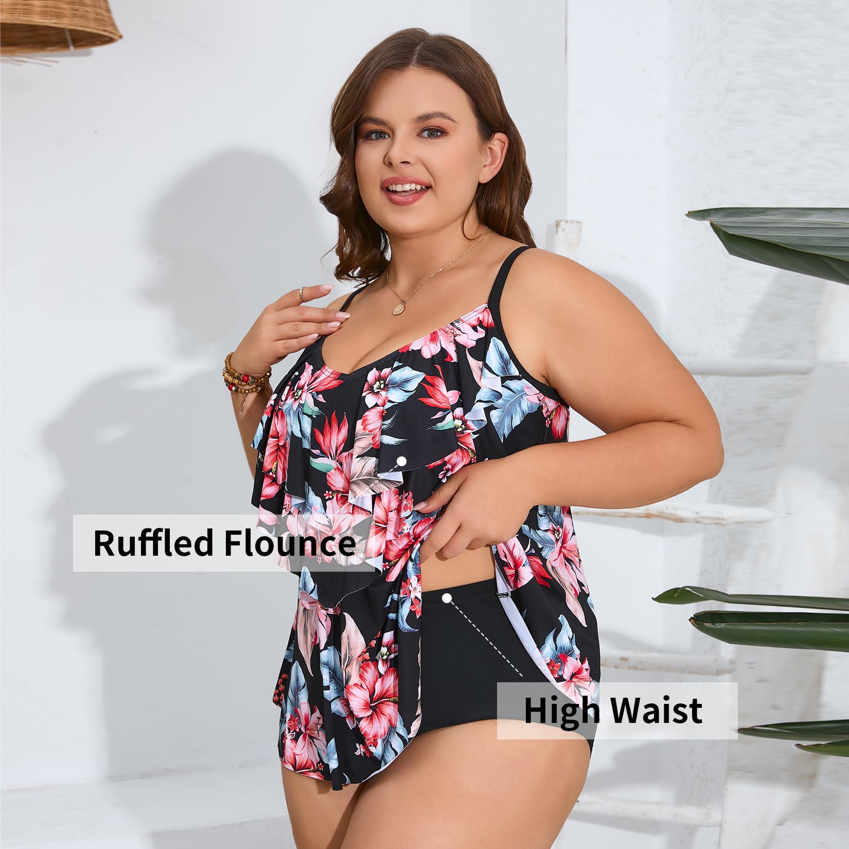 WIN.MAX Set di Costumi da Bagno Tankini da Donna Vita Alta Balza arruffata 2 Pezzi Bikini Set Costume da Bagno Plus Size Costume da Bagno