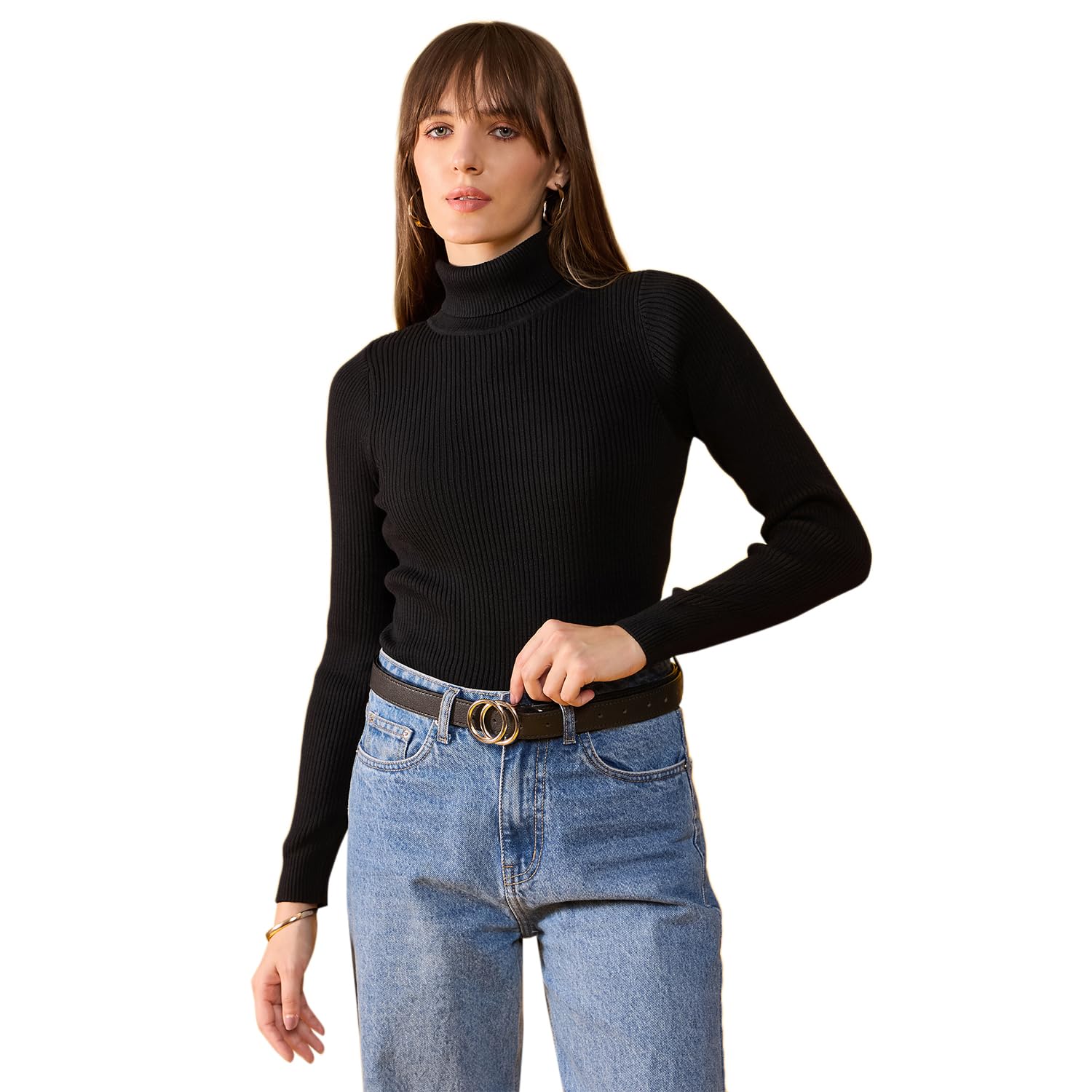 98 Degree Women Pure Cotton Turtle Neck Sweater Has A Full Sleeve & Straight Hem-AW25AZG1121-BLACK 98 Degree Women Pure Cotton Turtle Neck Sweater Has A Full Sleeve & Straight Hem-AW25AZG1121-BLACK