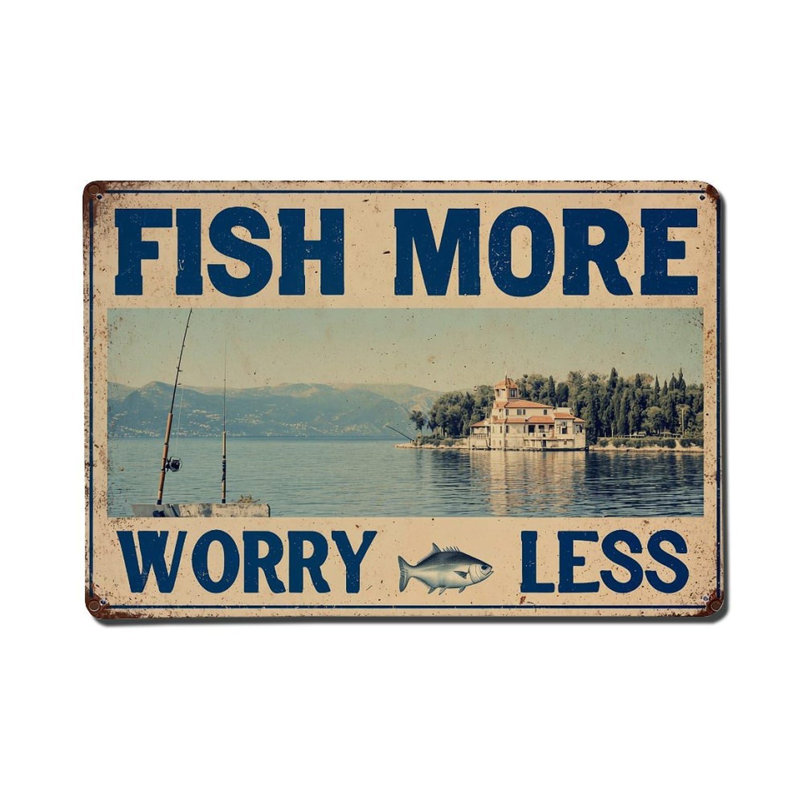 Jdfenggu Vintage Fish More Worry Less Sign Retro Metal Tin Sign, Metal Poster For Bar, Home, Man Cave, Kitchen, Laundry Room Art Decor 8X12 Inch