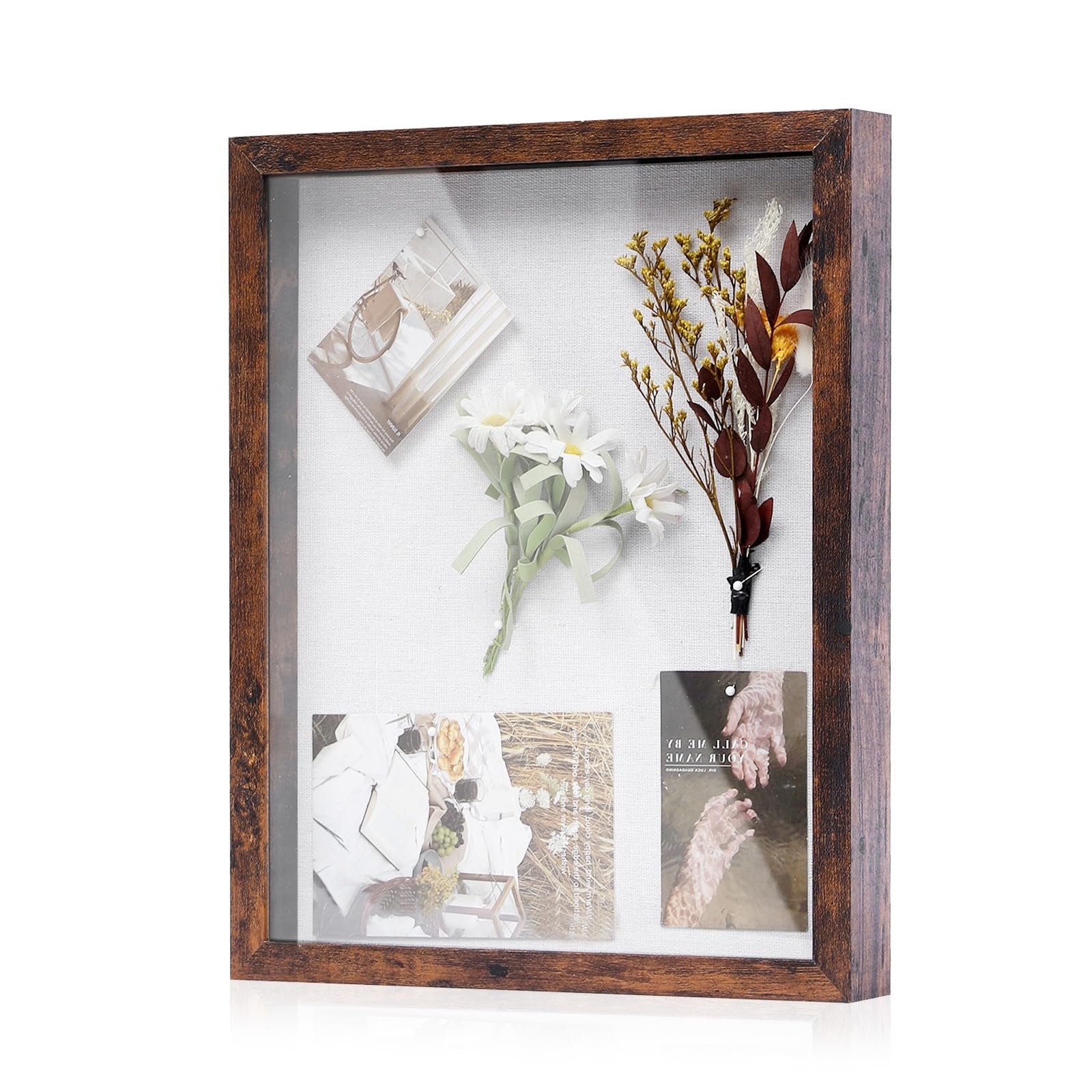 Muzilife 11x14 Shadow Box Picture Frame with Linen Board - Deep Wood & Glass Display Rustic Case Ready to Hang Memorabilia, Pins, Awards, Medals, Wedding, Tickets, and Photos, Rustic Brown