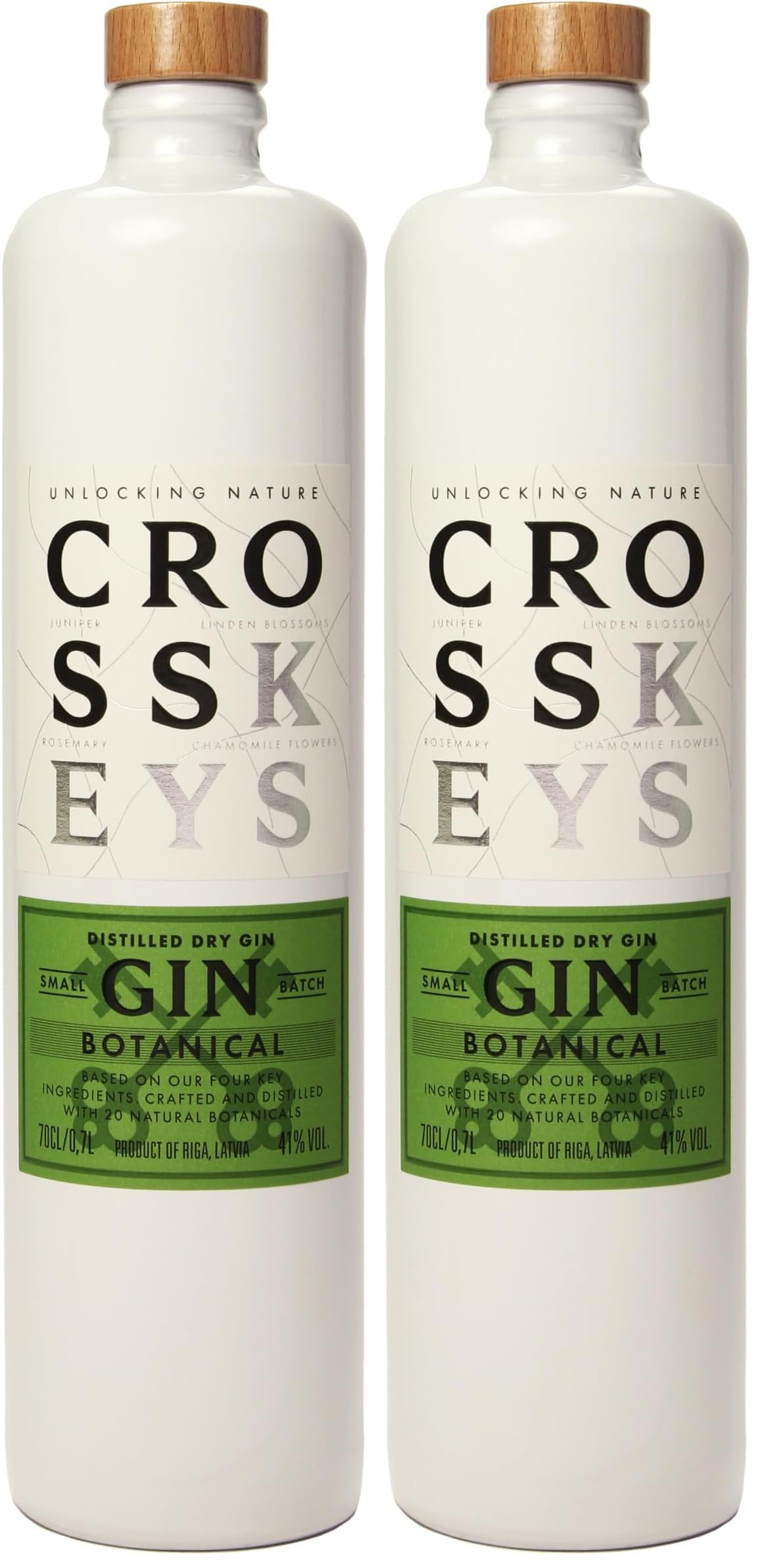 Cross Keys Gin Botanical - Gin botanico distillato artigianalmente con camomilla, fiori di tiglio e rosmarino - 41% vol. Bottiglia di argilla da 70 cl (700 ml / 0,7 litri). (Confezione da 2)