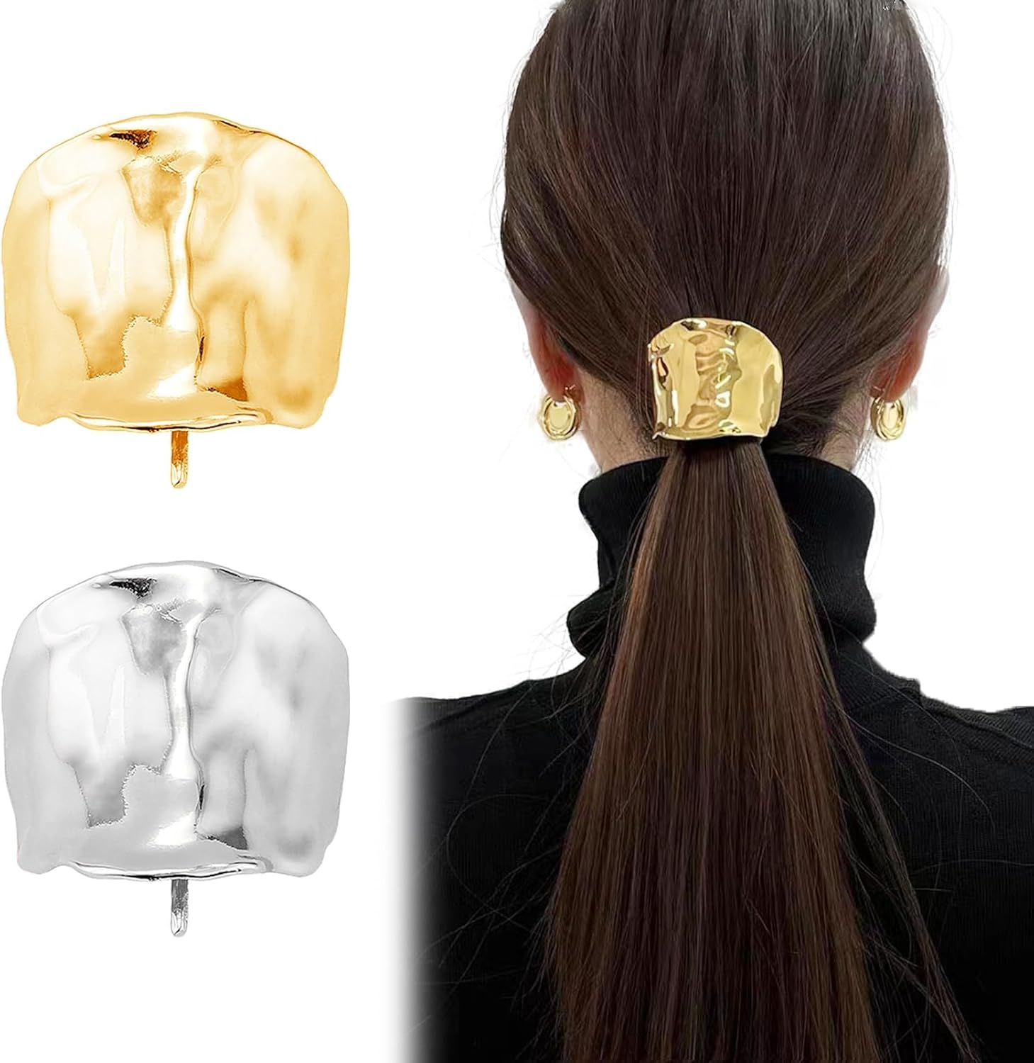 KASTWAEV 2 Pcs Ponytail Holder Hair Clips, French Metal Hair Cuffs, 1.96Inch Hair Accessories for Women, Elegant & Simple, Idea for Women & Girl (Gold, Silver)