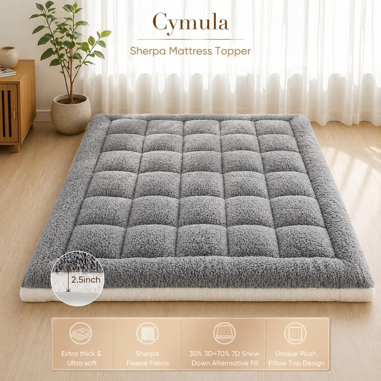 Cymula California King Mattress Topper, Sherpa Mattress Pad for Cal King Bed with 900GSM Down for Back Pain Extra Thick Mattress Cover Pillow Top with 8-21" Pockets, Grey