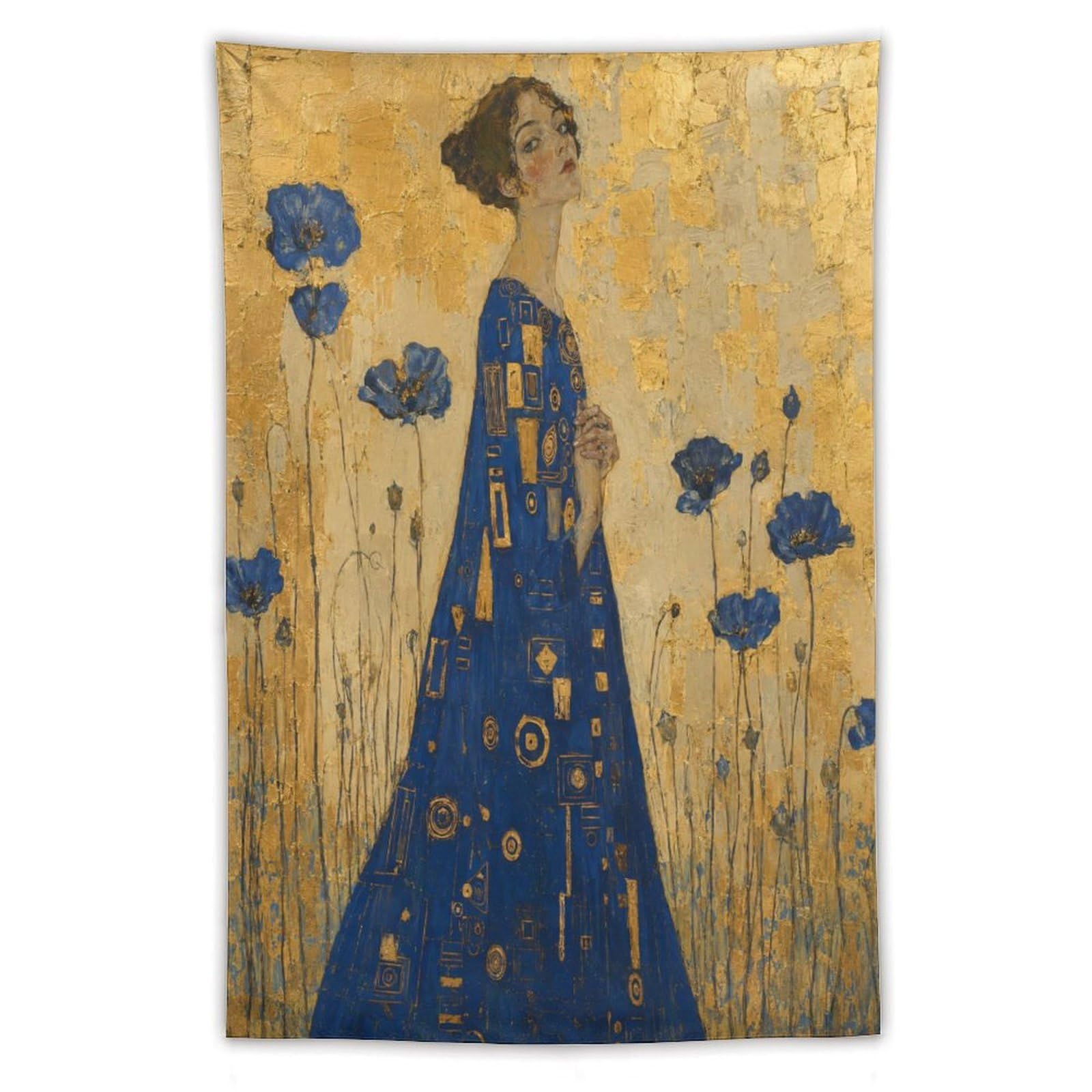 H3B8U2Y5 Woman in Blue Floral Dress Wall Tapestry, Botanical Linework
