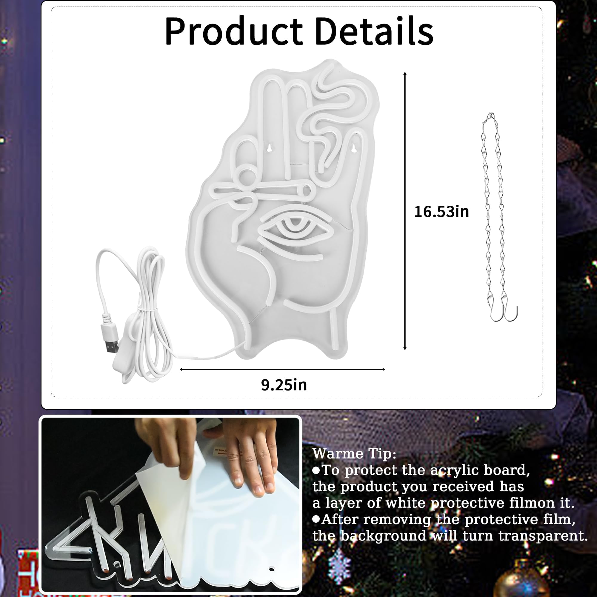 Insegna Al Neon LED A Mano Hamsa Con Occhio - Luce Rosa E Blu, USB, Per Decorazione Parete Camera Da Letto, Bar, Sala Giochi - 2