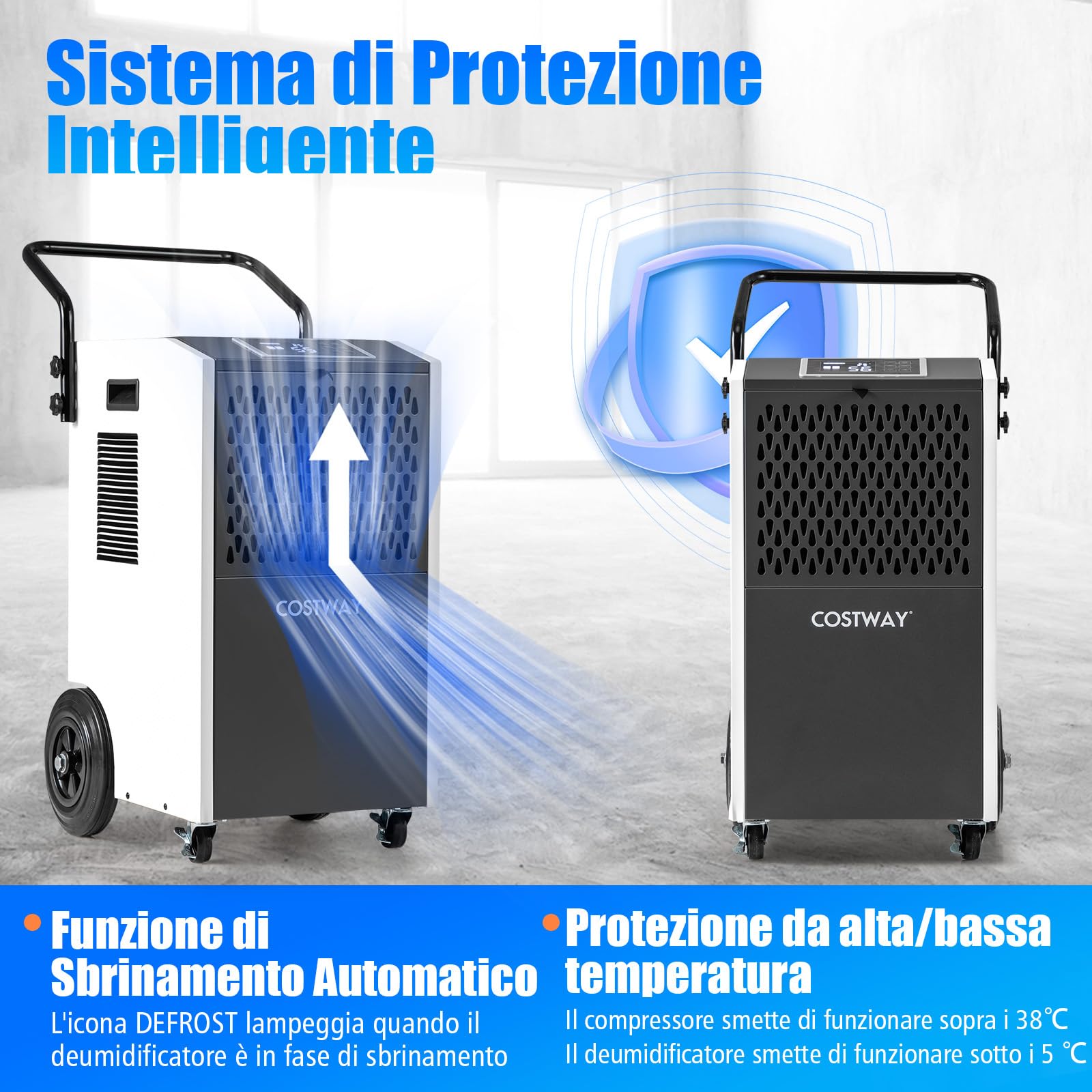 COSTWAY Deumidificatore Casa, Deumidificatore Elettrico con Tubo di Scarico e Timer, Portatile con Ruote per Cantina, Magazzino, Fabbrica e Grandi Spazi fino a 695 m³ (Bianco)