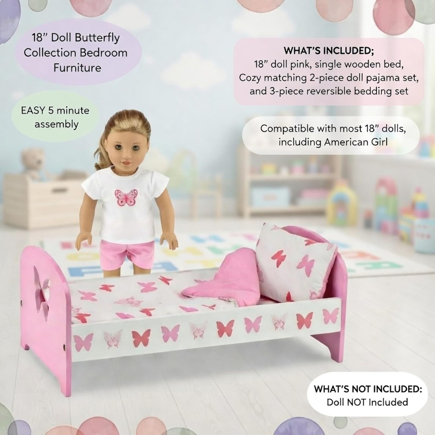 Emily Rose 18 Inch Doll Bed - Pink Wooden Butterfly Doll Bedroom Furniture with Reversible Bedding Set, Mattress, Pillow & Matching Doll Pajamas - Fits American Girl Dolls - Complete Gift Set