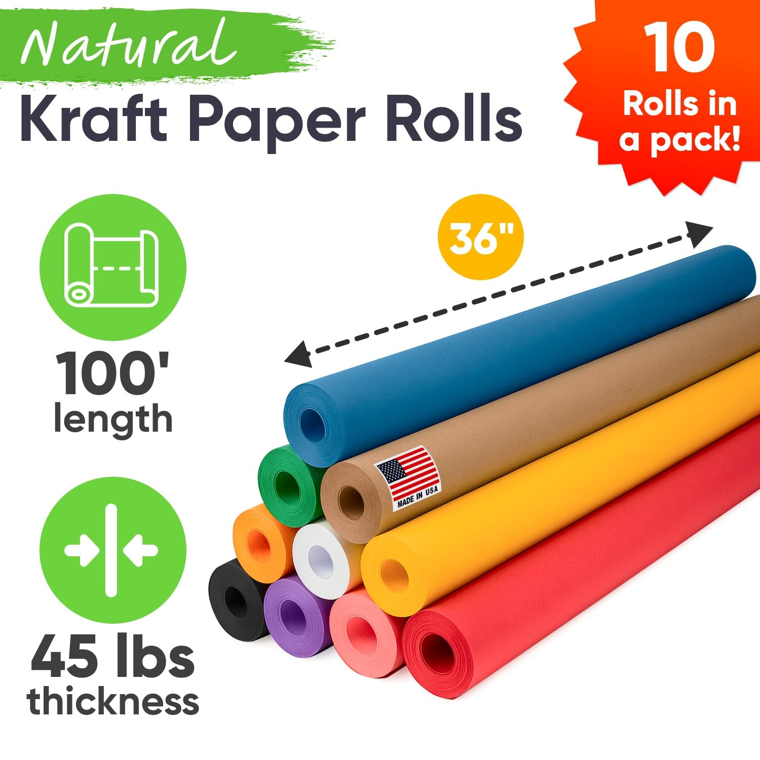 Paclord Mehrfarbige Kraftpapierrollen, 91,4 x 30,5 m, 66 g/m², 10 Rollen, farbiges Kraftpapier zum Verpacken, Basteln, DIY-Projekte, Geschenkverpackungen, ungiftig, sicher für Kinder