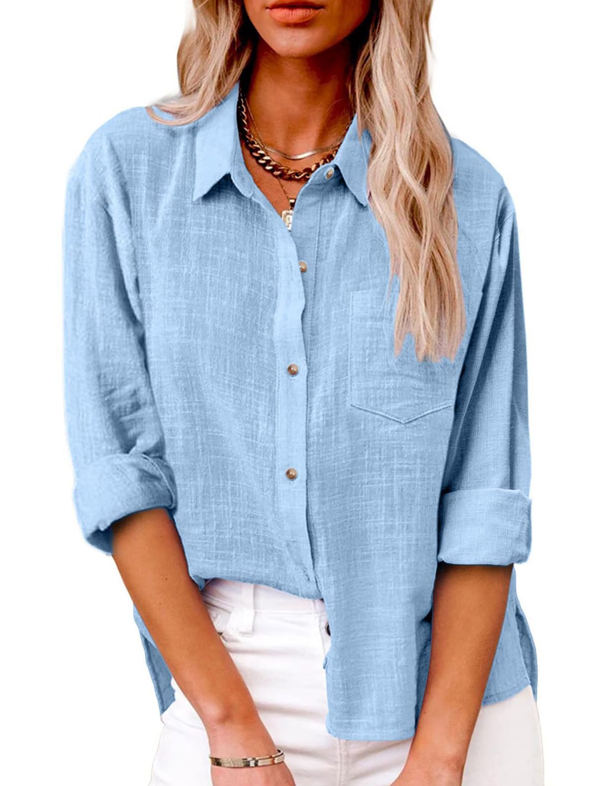 SHEKINI Camicetta casual da donna con scollo a V, a maniche lunghe, con