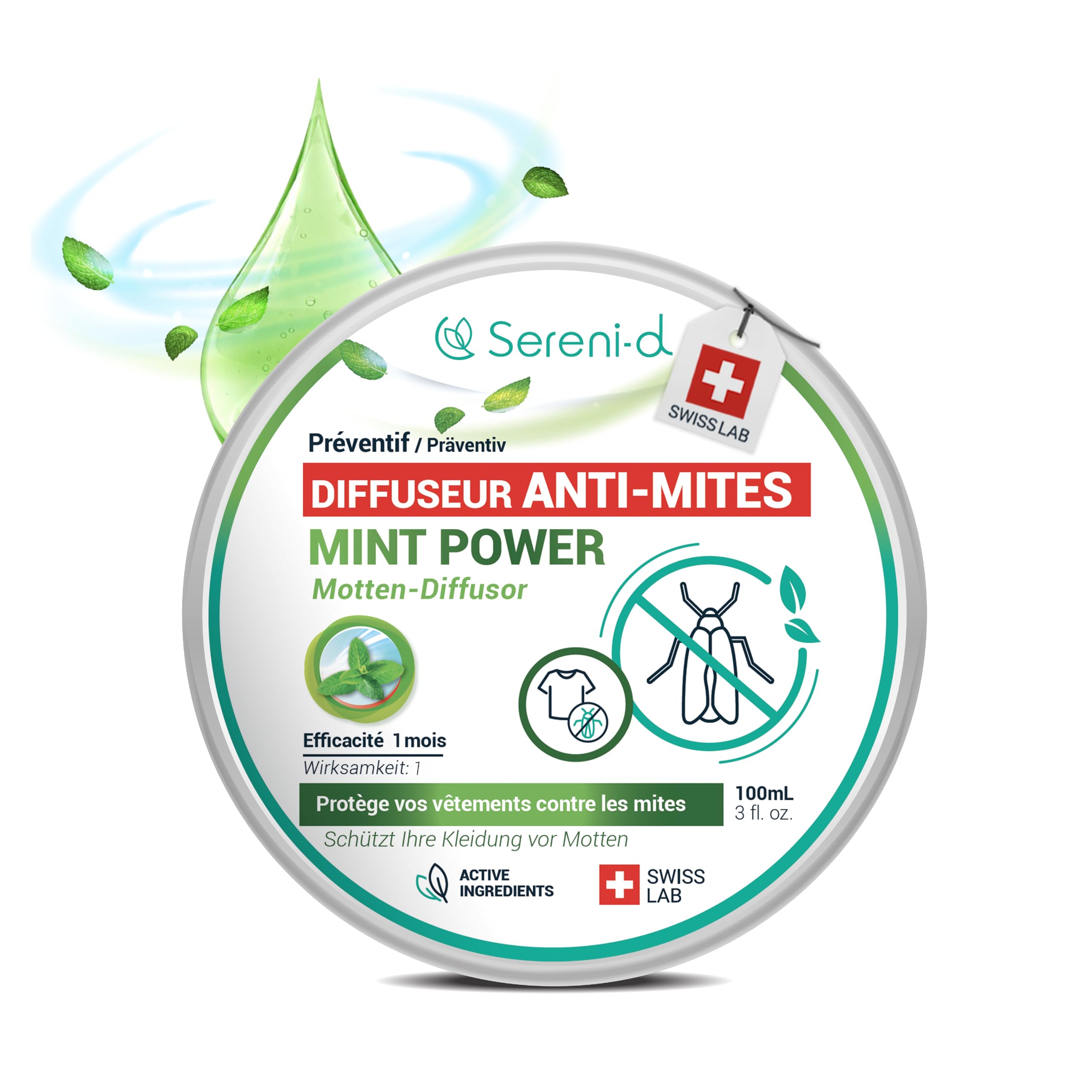 SERENI-D Diffuseur ANTI-MITES Textiles MINTPOWER - Protection répulsive des Vêtements, Lainages et Fourrures - Parfum Menthe - Action immédiate et protège les placards des nouvelles infestations