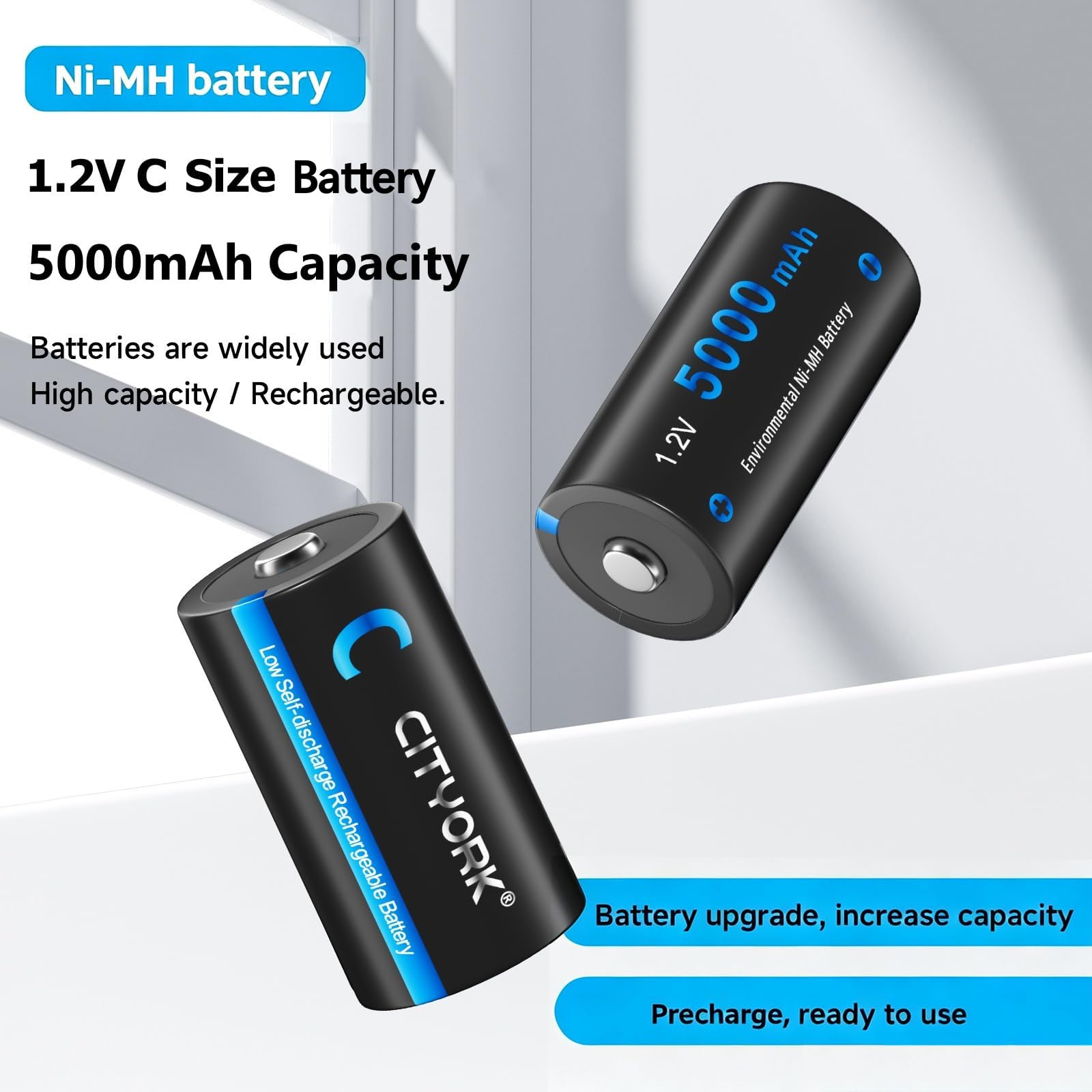 CITYORK Lot de 4 batteries rechargeables C 5000 mAh et 8 baies LCD rechargeables pour piles rechargeables Ni-MH AA AAA C D