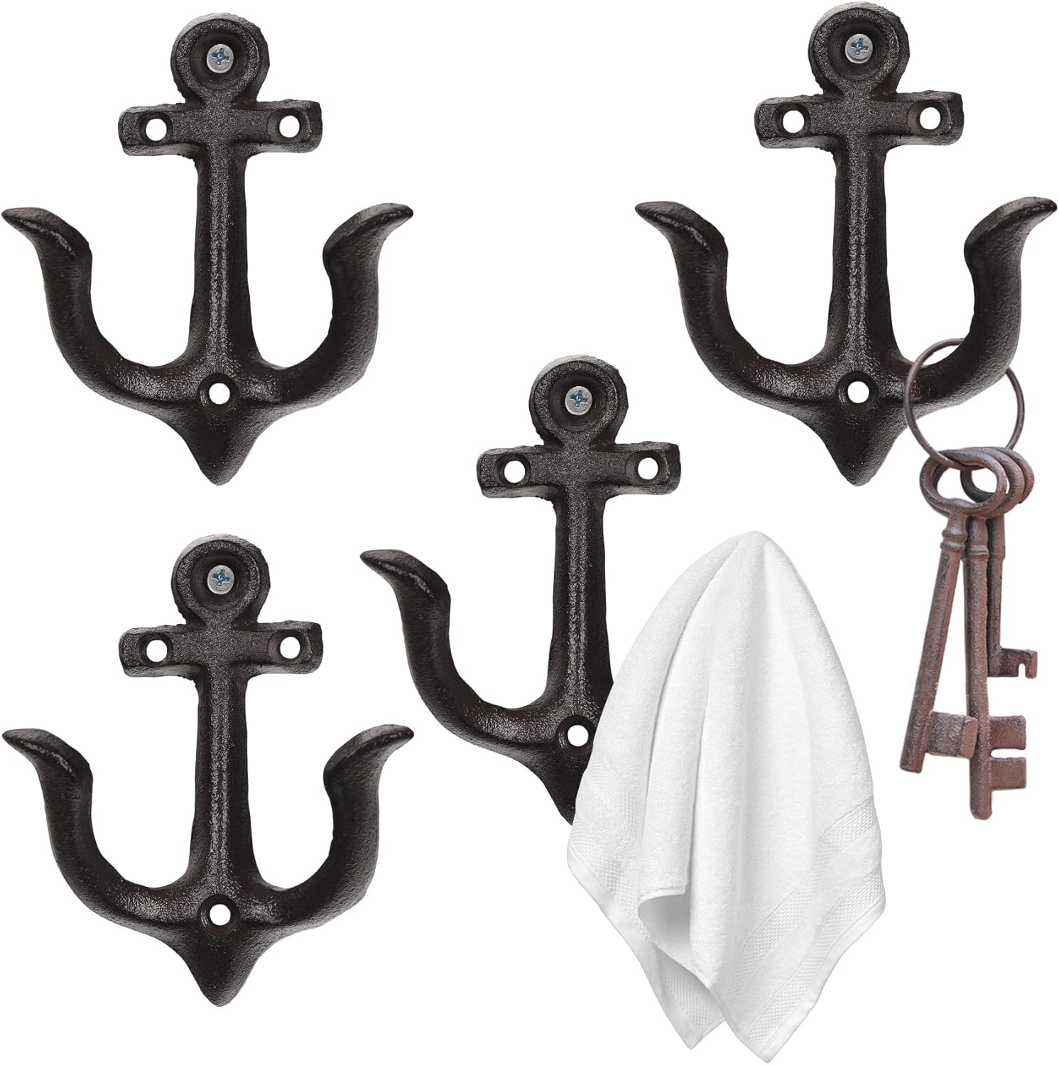 XINGYAN Vintage Rustic Cast Iron Nautical Sea Anchor Design Wall Hooks,Home Coat Rack,Decorative Wall Mounted Antique Shabby Chic Metal Bathroom Towel,Coat Hooks,Hanger,Screws Inside (Blue[4pcs])