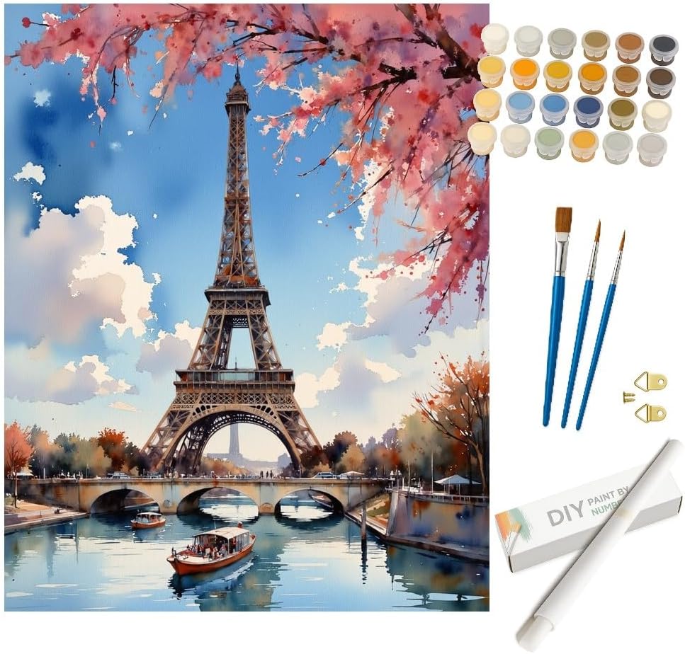 Watercolor Paris Paint by Numbers Kit for Adults - DIY Eiffel Tower and Cherry Blossoms Painting on Canvas, Acrylic Paint Set for Beginners, Ideal for Home Decoration or Gifts(12X16IN Framed)