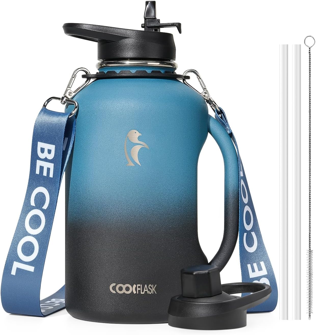 64 oz Water Bottle Insulated with Handle, Coolflask Half Gallon Water Jug With Strap Straw Stainless Steel Double-Walled Vacuum Metal Large Flask Leakproof, Keep Cold 48 Hrs Hot 24hrs, Prussian Blue 64 Ounces Prussian Blue