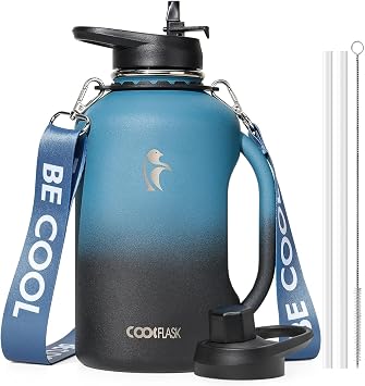 Coolflask 1.9 L Water Bottle Insulated with Handle & Straw, Stainless Steel Water Jug Leakproof with Strap, Metal Double-Walled Vacuum Large Flask, Keep Cold 48H Hot 24H, BPA Free, Indigo Black