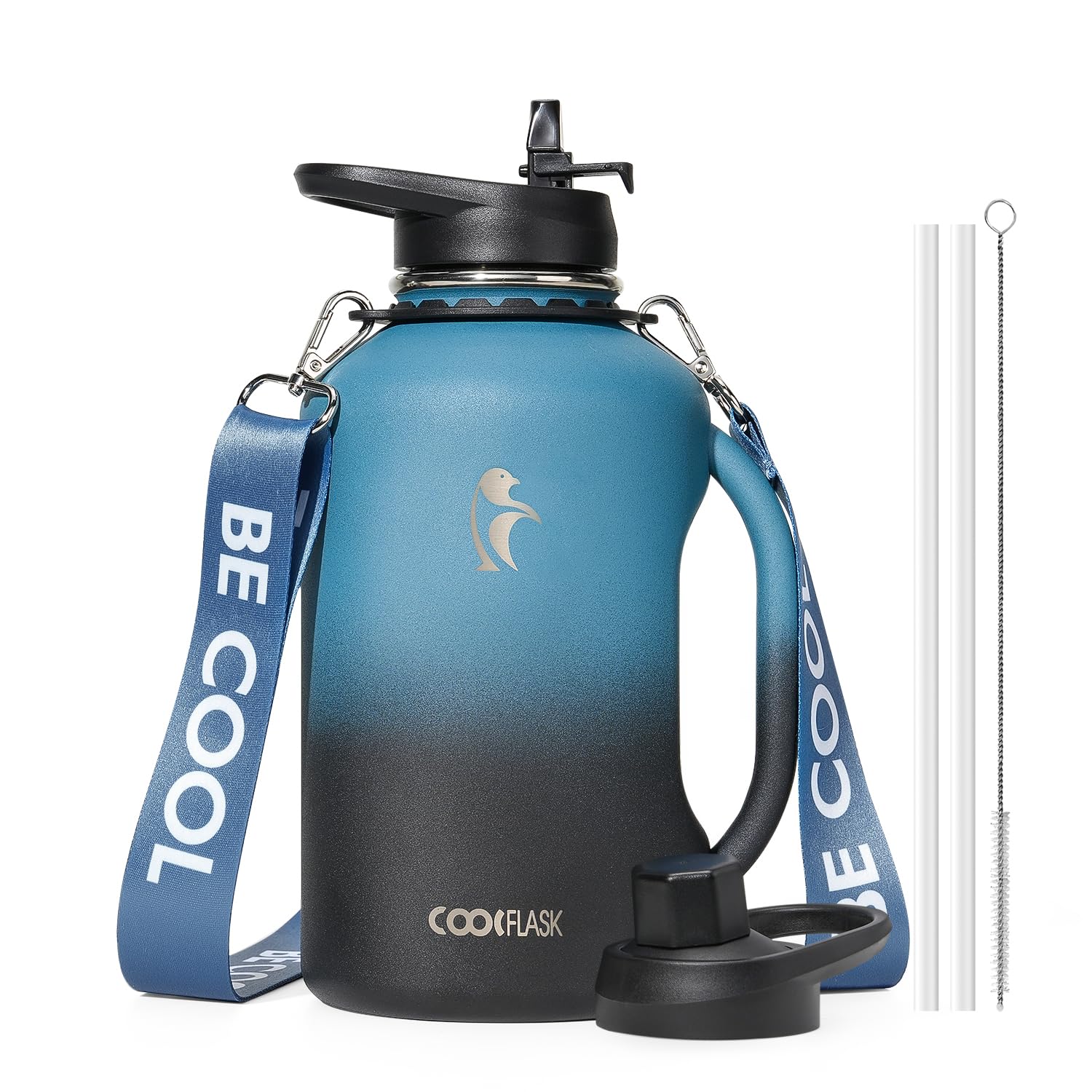 Coolflask 1.9 L Water Bottle Insulated with Handle & Straw, Stainless Steel Water Jug Leakproof with Strap, Metal Double-Walled Vacuum Large Flask, Keep Cold 48H Hot 24H, BPA Free, Indigo Black โ image 1