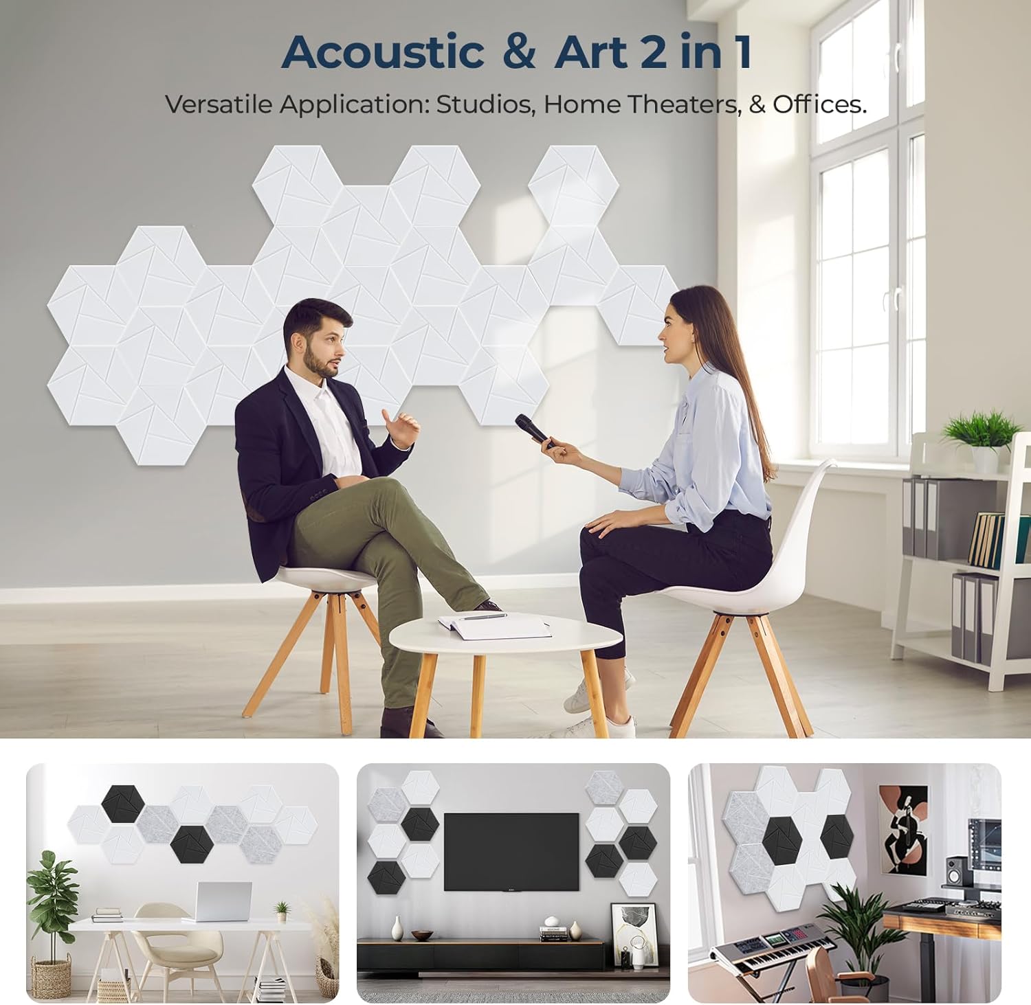 12 Pack Hexagon Acoustic Panels, 12" x 10" x 0.4" High-Density Sound Proof Panels for Walls, Self-Adhesive Acoustic Wall Panels for Studio, Home, Office, White