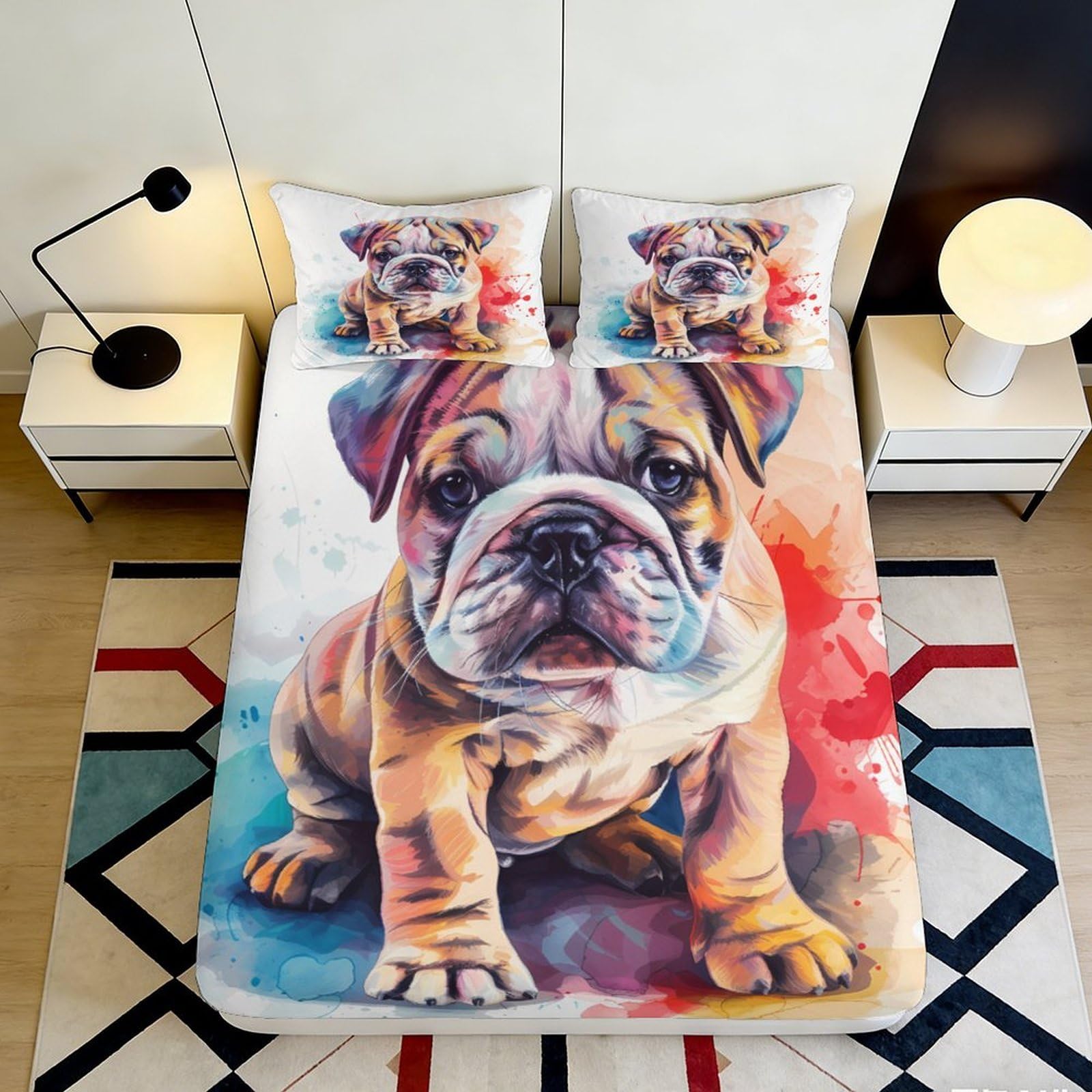 Uxinyoume Style-8 3D Printed Bulldog Art Fitted Sheet Microfiber Soft Colorful Dog Bed Cover For Bedroom Dorm Mattress Protection 90X200x25cm