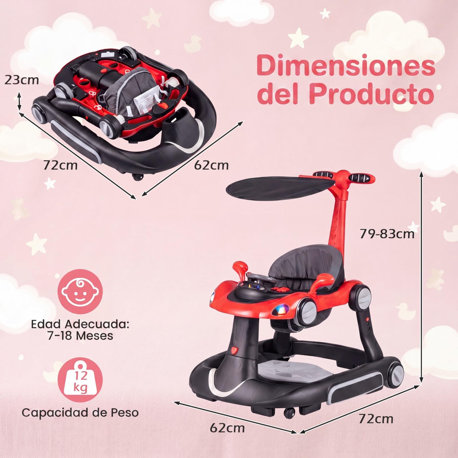COSTWAY 7 en 1 Andador Bebes con Capota, Tacata Bebe Plegable con Altura y Velocidad Regulables con Modo Mecedora, Música, Luces y Diseño Antivuelco,Caminador para Bebe de 7-18 Meses (Negro y Rojo)