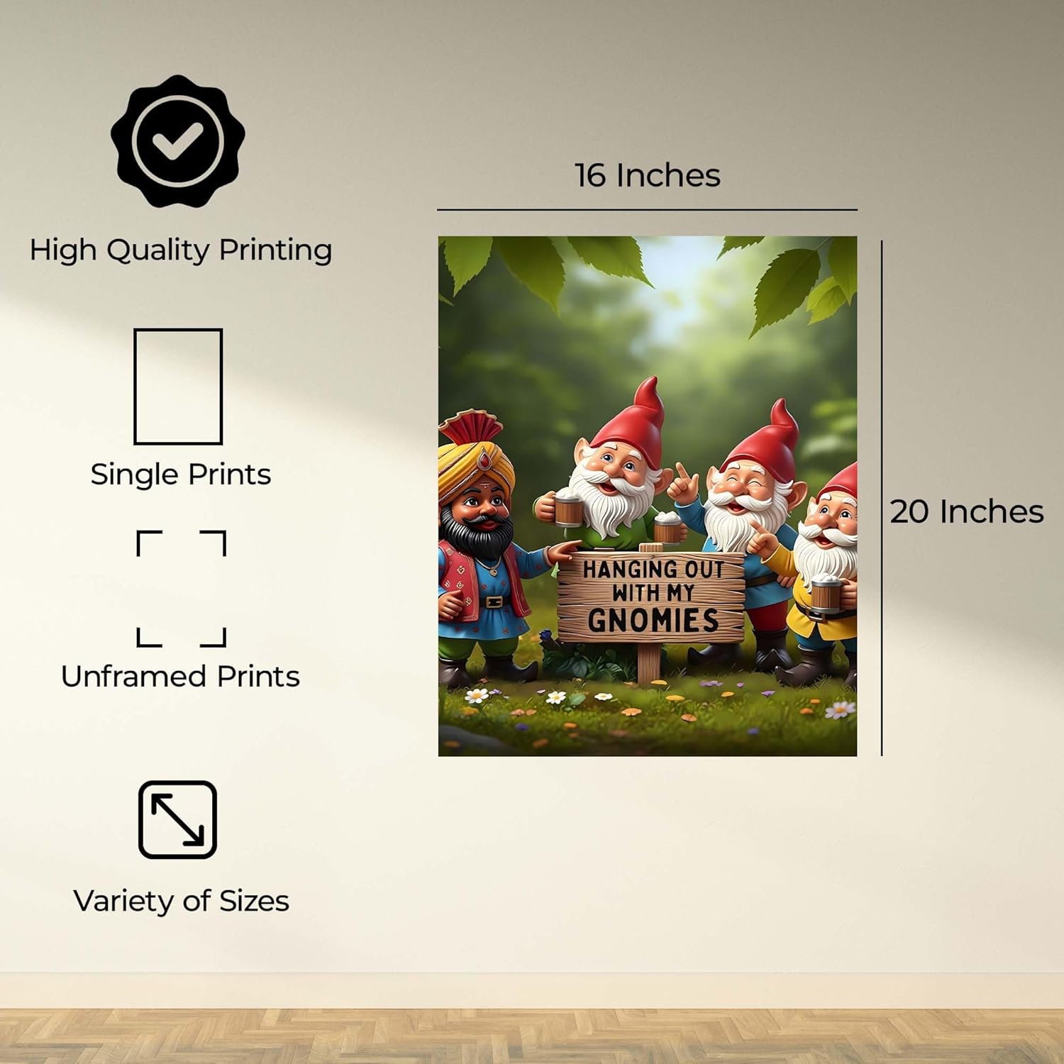 InkFlow Posters Playful Gnome Friends Poster - Cheerful Fantasy Woodland Illustration Art - Lighthearted Garden Graphic Print - Cozy Cottage Wall Decor - 16x20 Unframed Canvas Print