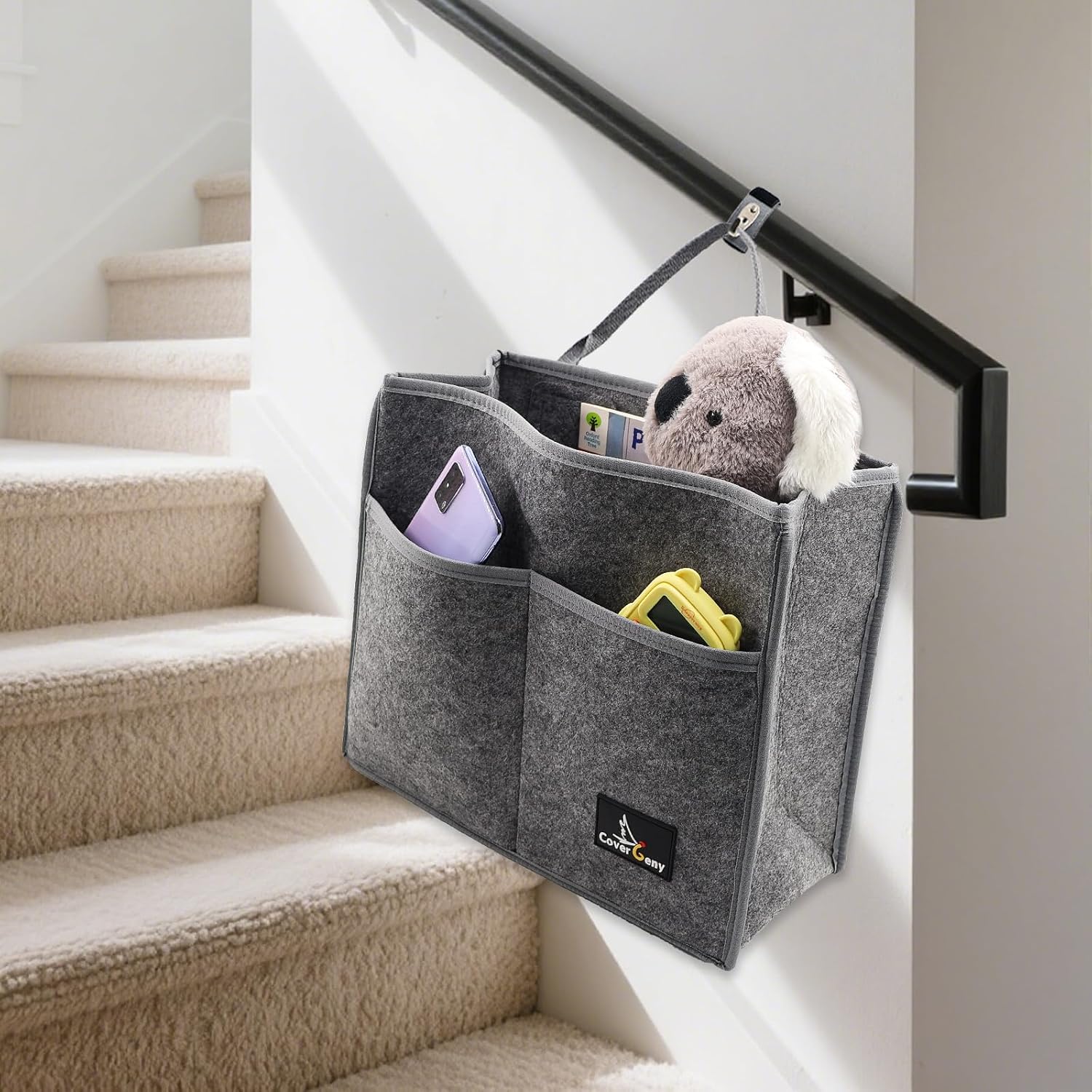 Stair Handrail Caddy Bag for Staircase, Balustrade & Crib Rail,Felt Removable Strap Storage Bag, Multi-Compartment Organizer, Removable Railing Organizer for Nursery, Large Capacity Gray