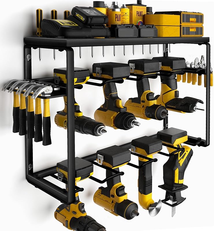 Power Tool Organizer, 8 Drill Holders Wall Mount, 3 Layer Heavy Duty Metal Storage for Garage Organization, Tools Storage with Hooks, Screwdriver Hammer Holder, Father's Day Mens Birthday Gift | Garage Organization, Tools Storage with Hooks, Screwdriver Hammer Holder, Mens Birthday Gift
