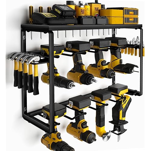 Power Tool Organizer, 8 Drill Holders Wall Mount, 3 Layer Heavy Duty Metal Storage for Garage Organization, Tools Storage with Hooks, Screwdriver Hammer Holder, Father's Day Mens birthday gift
