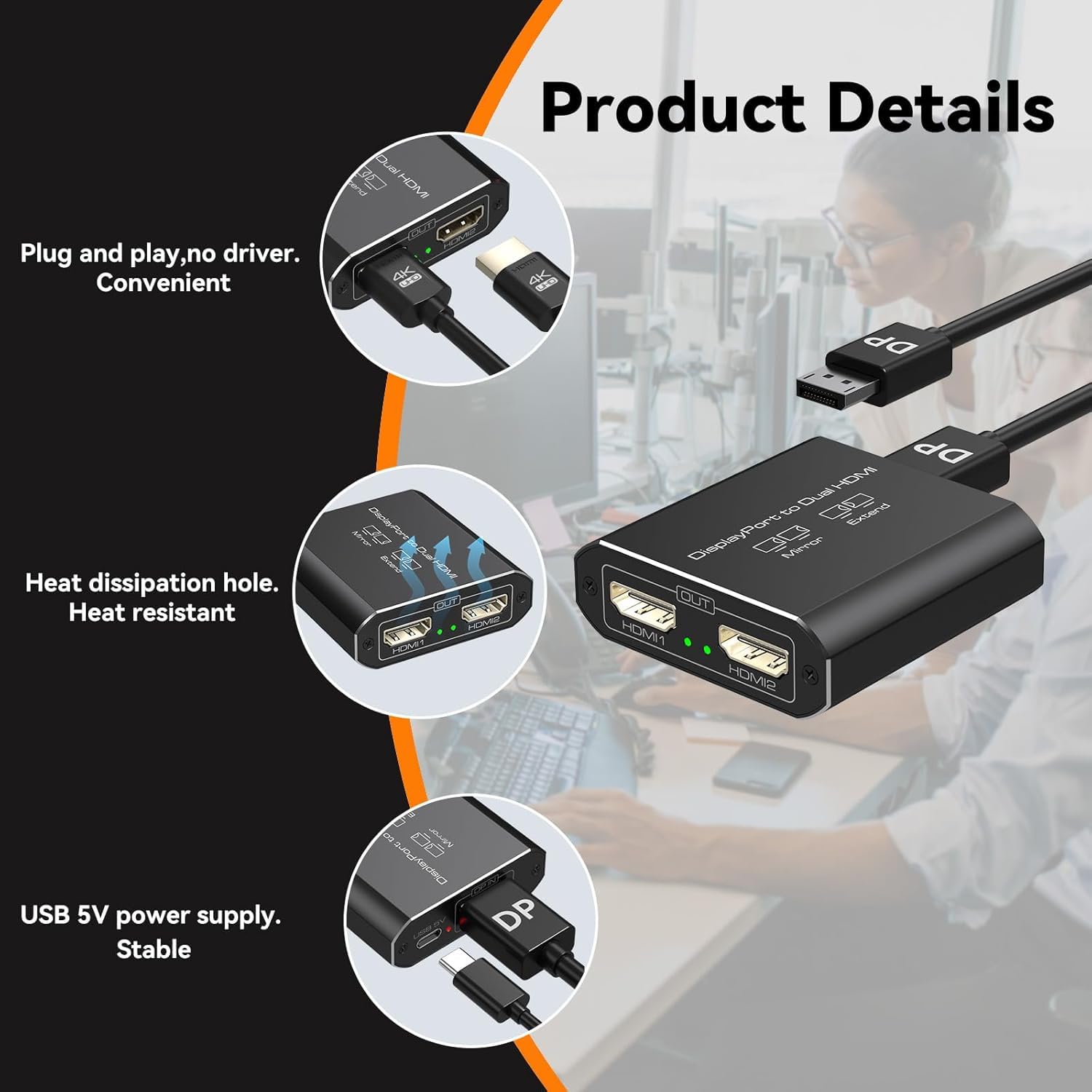 Displayport vers double HDMI répartiteur étendu pour double écran 4K @ 60 Hz Port d'affichage vers 2 adaptateurs HDMI pour cartes graphiques d'ordinateur, prend en charge les modes MST et SST