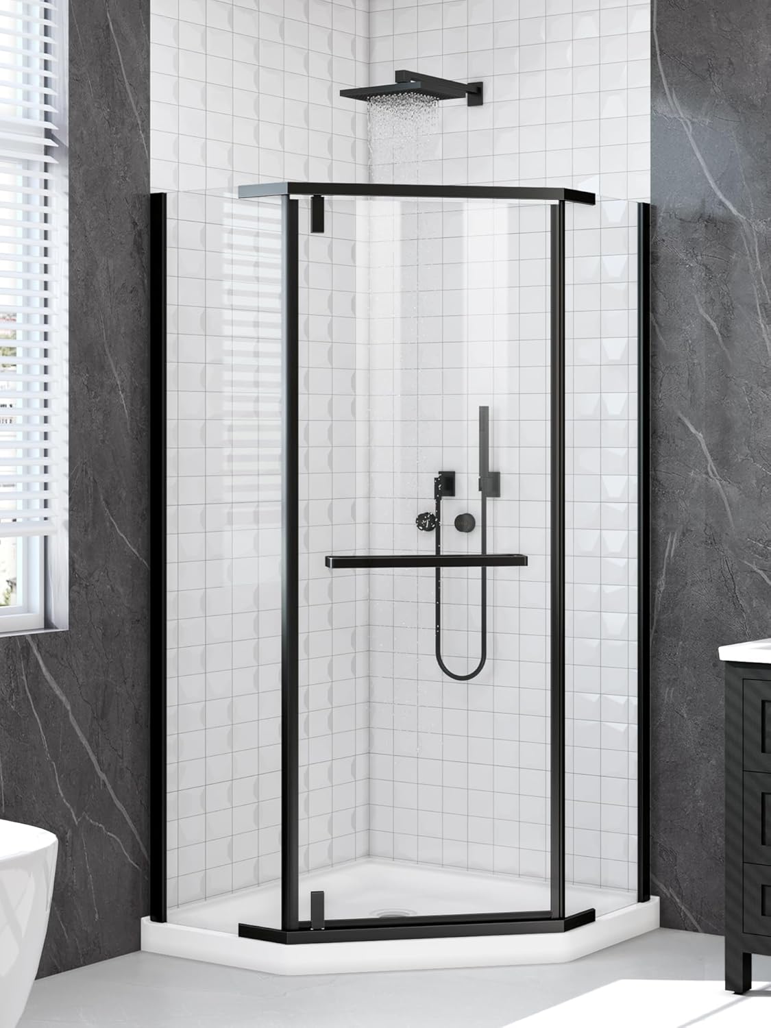 36" x 36" D x 72" H Neo Angle Shower Door, Corner Shower Enclosure with 1/4" Clear Tempered Glass, Space-Saving Diamond Shower Stall with Anti-Explosion Film & Easy-Clean Nano Coating, Matte Black