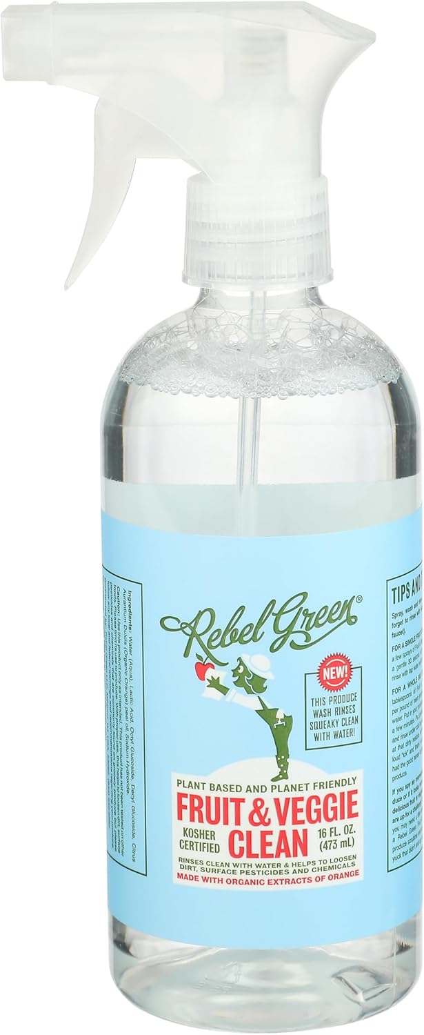 Rebel Green Fruit & Veggie Clean - Plant-Based Produce Cleaner - Natural Fruit and Vegetable Wash with No Aftertaste - Dirt & Grime Removal - Made with Organic Extracts of Citrus - 16 FL OZ