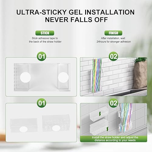 Miniatura 6 de Paquete de 2 soportes acrílicos para popote para puerta de armario, organizador de popotes reutilizables con tiras adhesivas ultra adhesivas,