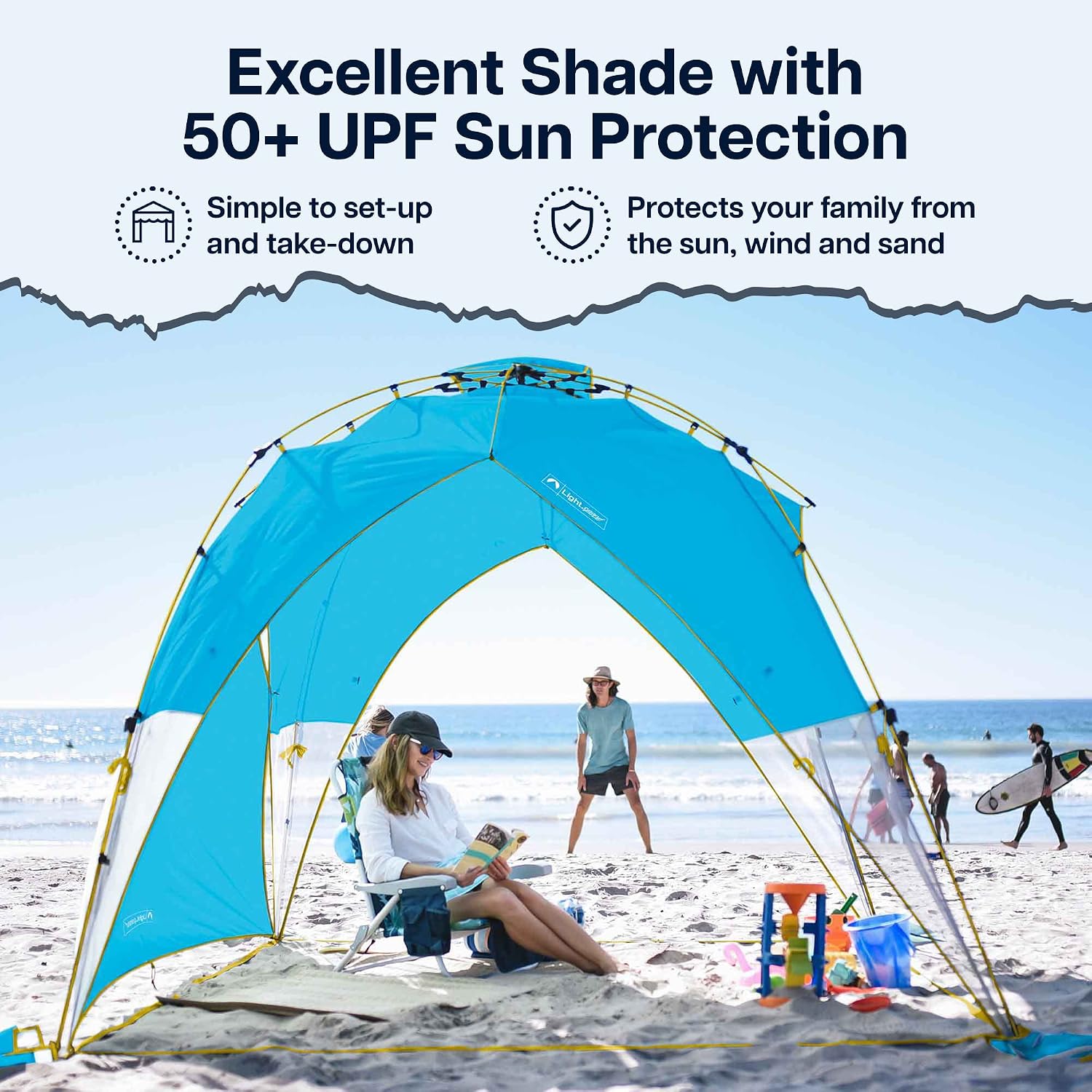 Lightspeed Outdoors Tall Canopy with Shade Wall | 4 Person Beach Tents with Bottom-Pull Hub System for Quick Set Up | Portable Beach Tent Pop Up Shade for Sun Protection with Carry Bag | Deep Navy