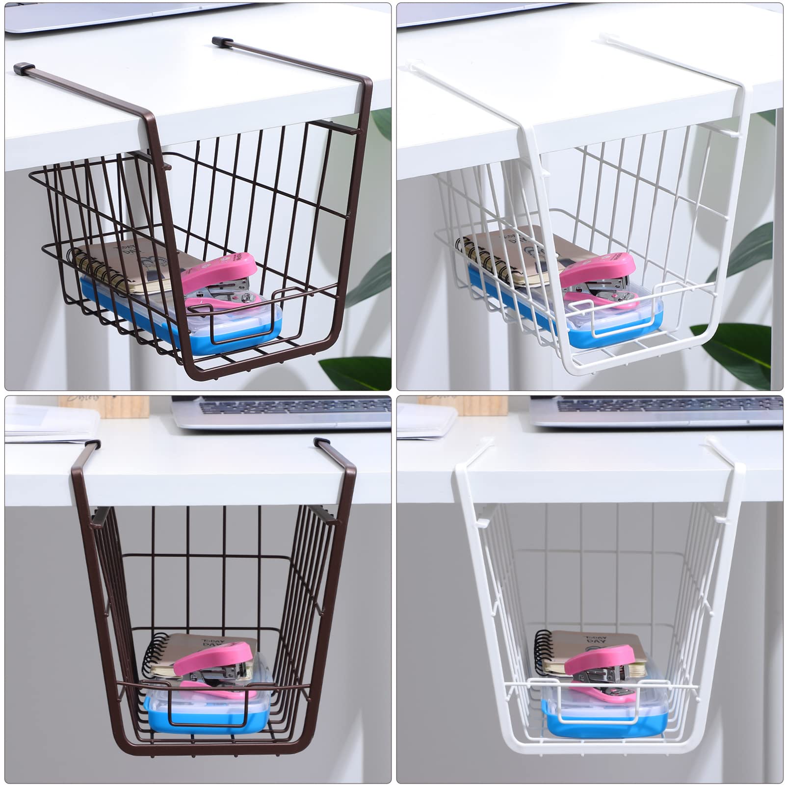 2 cestas de almacenamiento para debajo del estante, colgantes de alambre de hierro para cocina, baño, oficina, contenedores de estante de pared (blanco y café), solución para ahorrar espacio