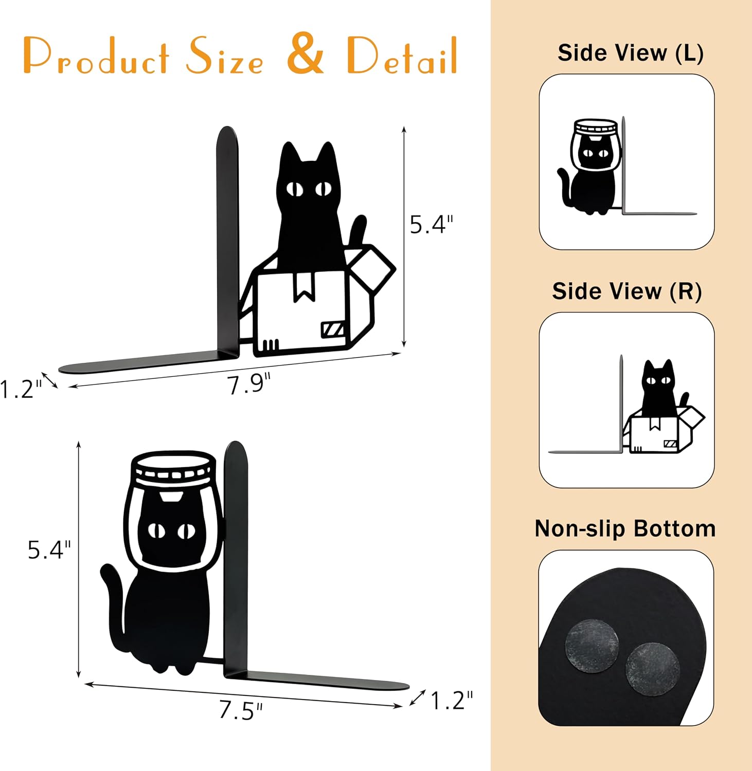 Cat Bookends Decorative Metal Book Ends Cute Funny Bookends for Shelves, Black Cat Book Ends for Books, Fun Book end Home Decor for Bedroom Office Desk, Gifts for Cat Lovers