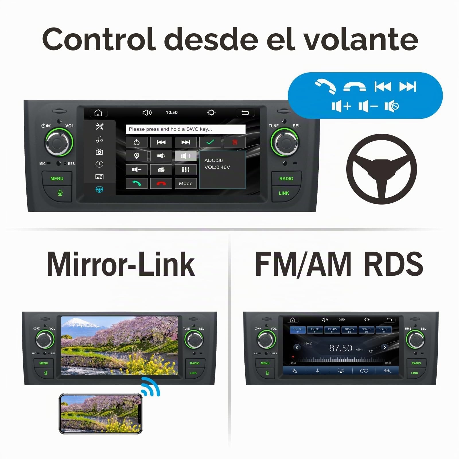 Bluetooth con Inalámbrico CarPlay Android Auto Pantalla para Fiat Punto 2005-2009 Fiat Linea 2007-2011 Radio Coche